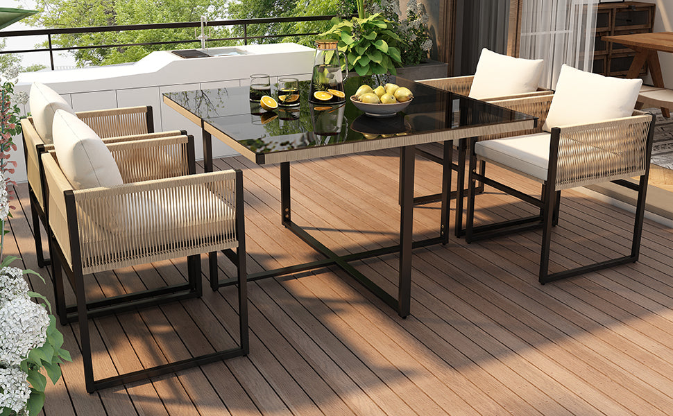 Garden Dining Set 5 Piece Set with 1 Dining Table, 4 Stackable Chairs (Garden Furniture Set, 5-pc, Seating Group), Fine Rope, Iron, Table Top Made of 5mm Thick Safety Glass