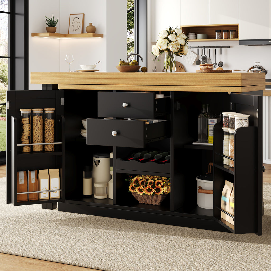 Extendable Sideboard & Dining Table Combo, 2 Drawers & Snack rack, Space-Saving Sideboard for Small Flats, White/Black