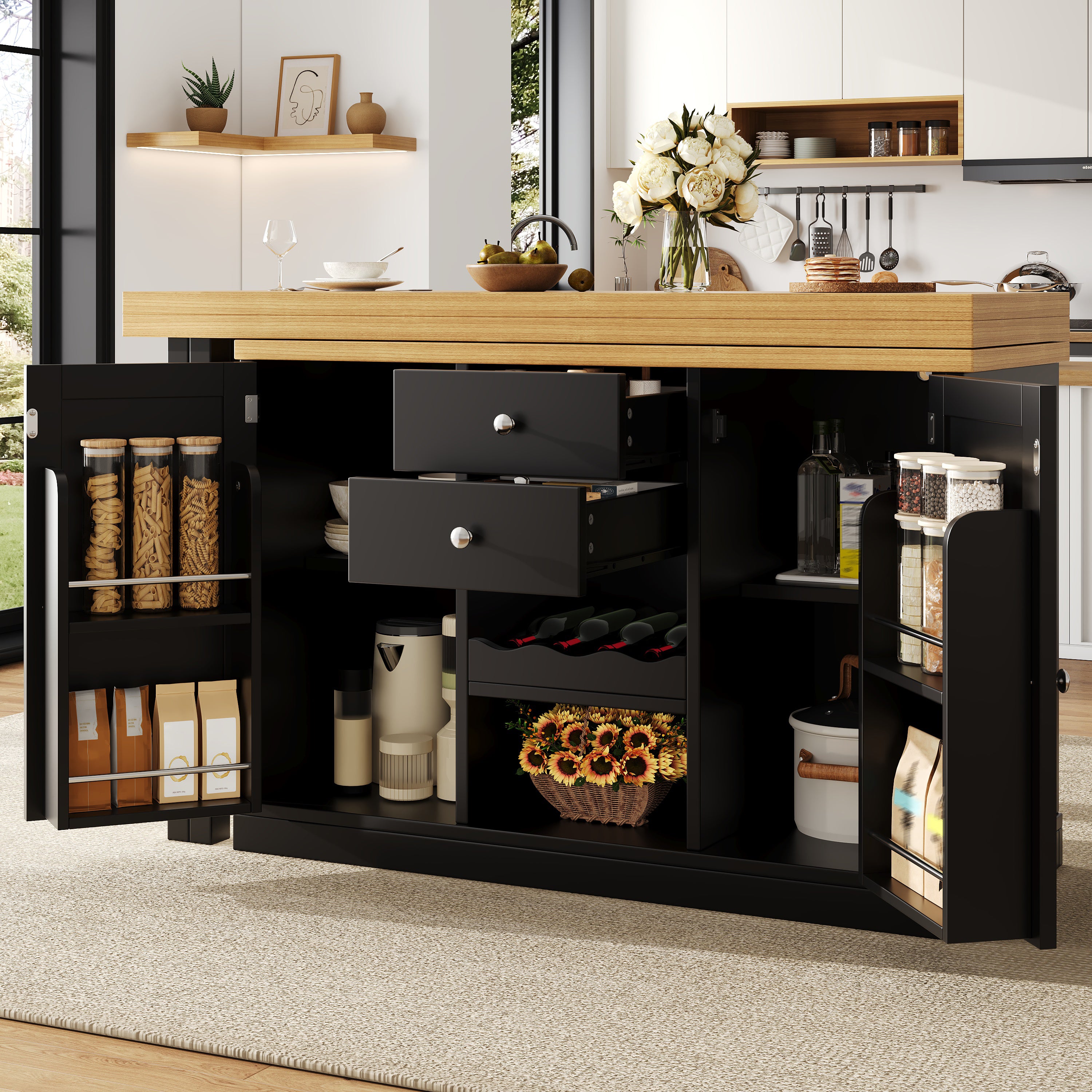 Extendable Sideboard & Dining Table Combo, 2 Drawers & Snack rack, Space-Saving Sideboard for Small Flats, White/Black