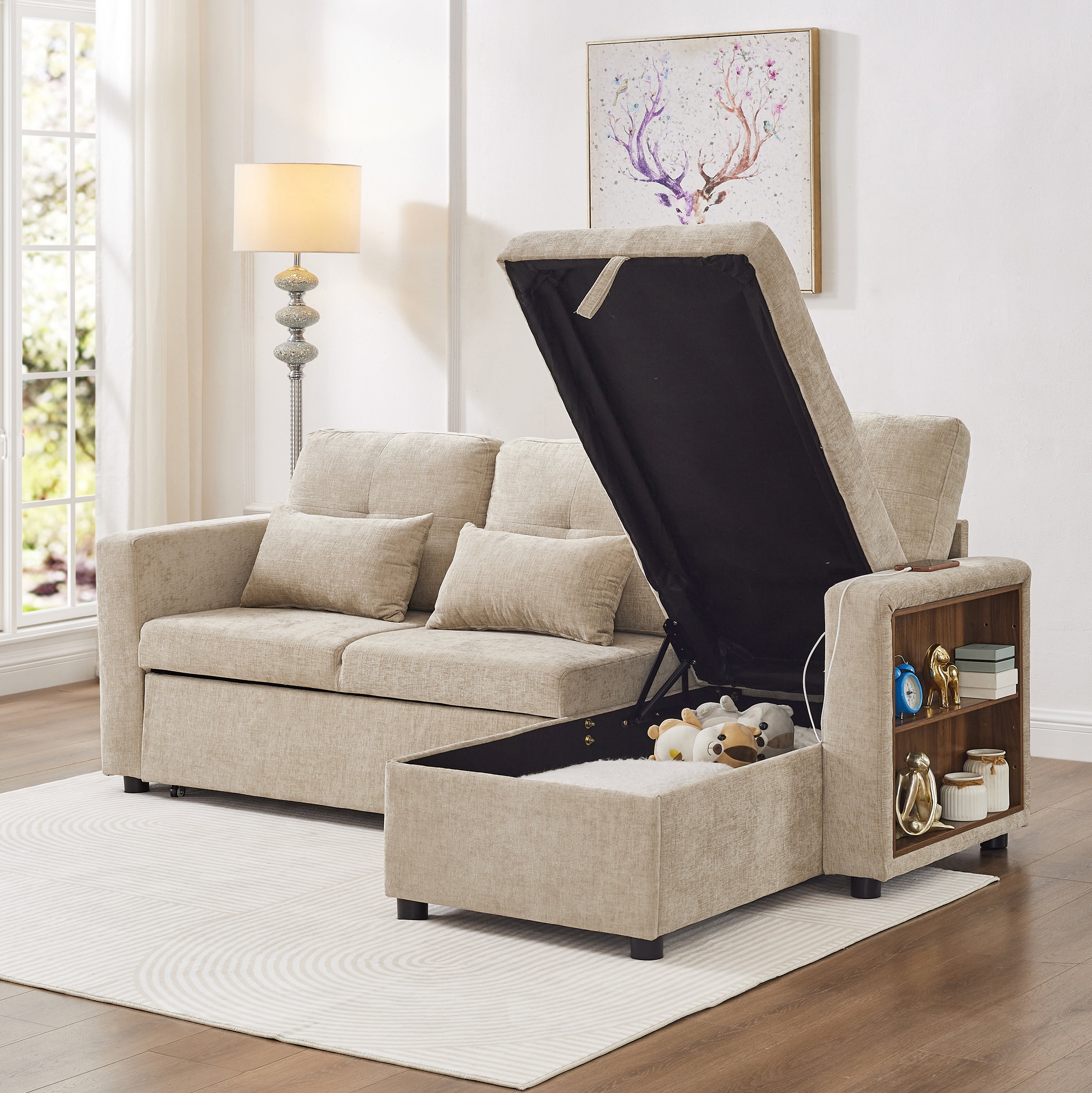3-in-1 Convertible Chenille Sectional Sofa Bed with Reversible Storage Chaise, L-Shaped Sleeper Sofa with Integrated Charging Station and Adjustable Armrest Side Storage, USB & Type-C Ports, Beige