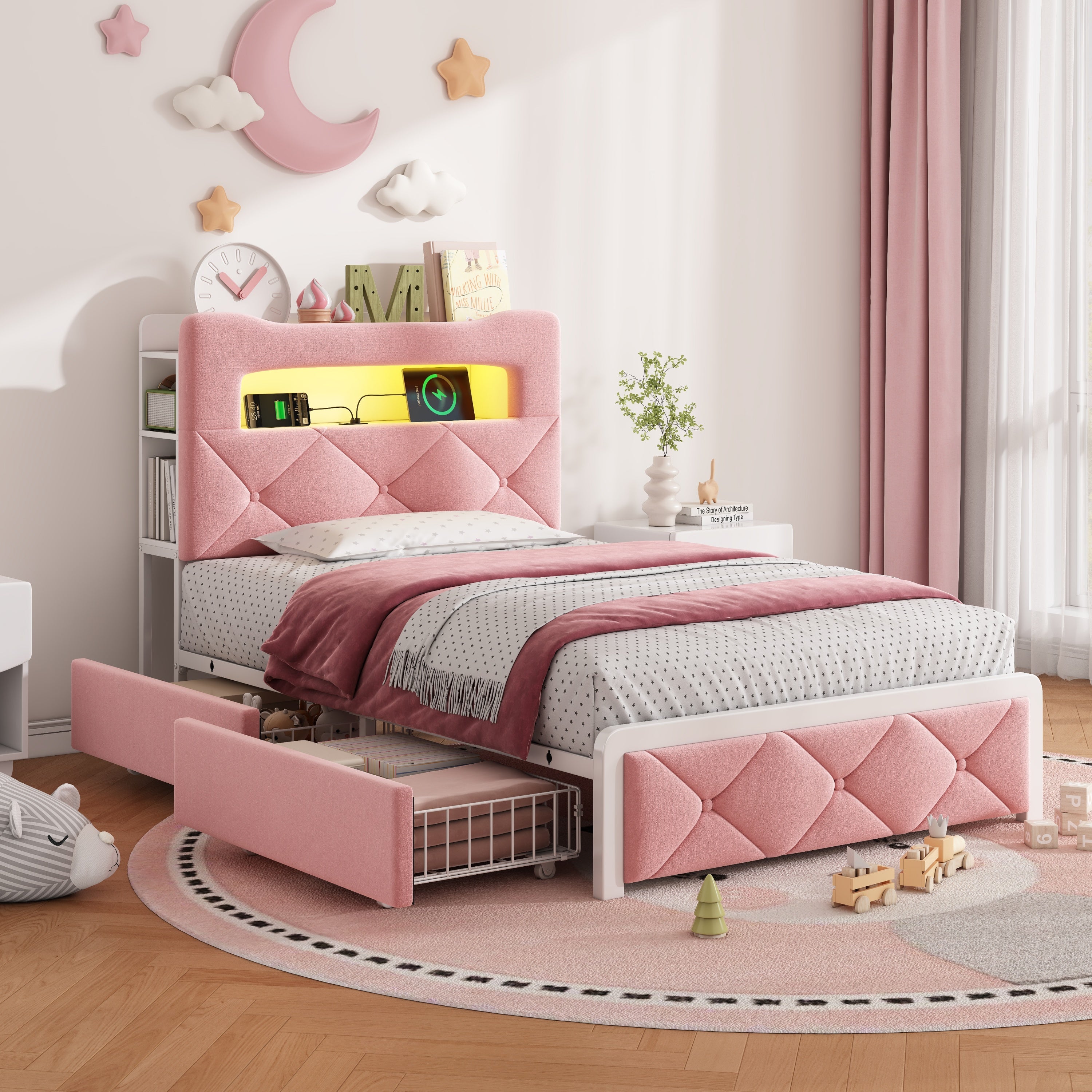 3ft Single Upholstered Bed with LED Button Tufted Bedside Storage Headboard, Velvet Bed Frame with 2 Storage Drawers, USB and Type - C Ports, No Box Spring Needed, Easy Assembly, Pink (No Mattress)