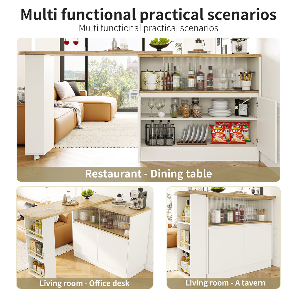 360° swivelling high table (main body 90 x 45 x 100 cm), white multifunctional swivelling sideboard with storage compartment, sliding glass door, suitable for kitchen/dining room