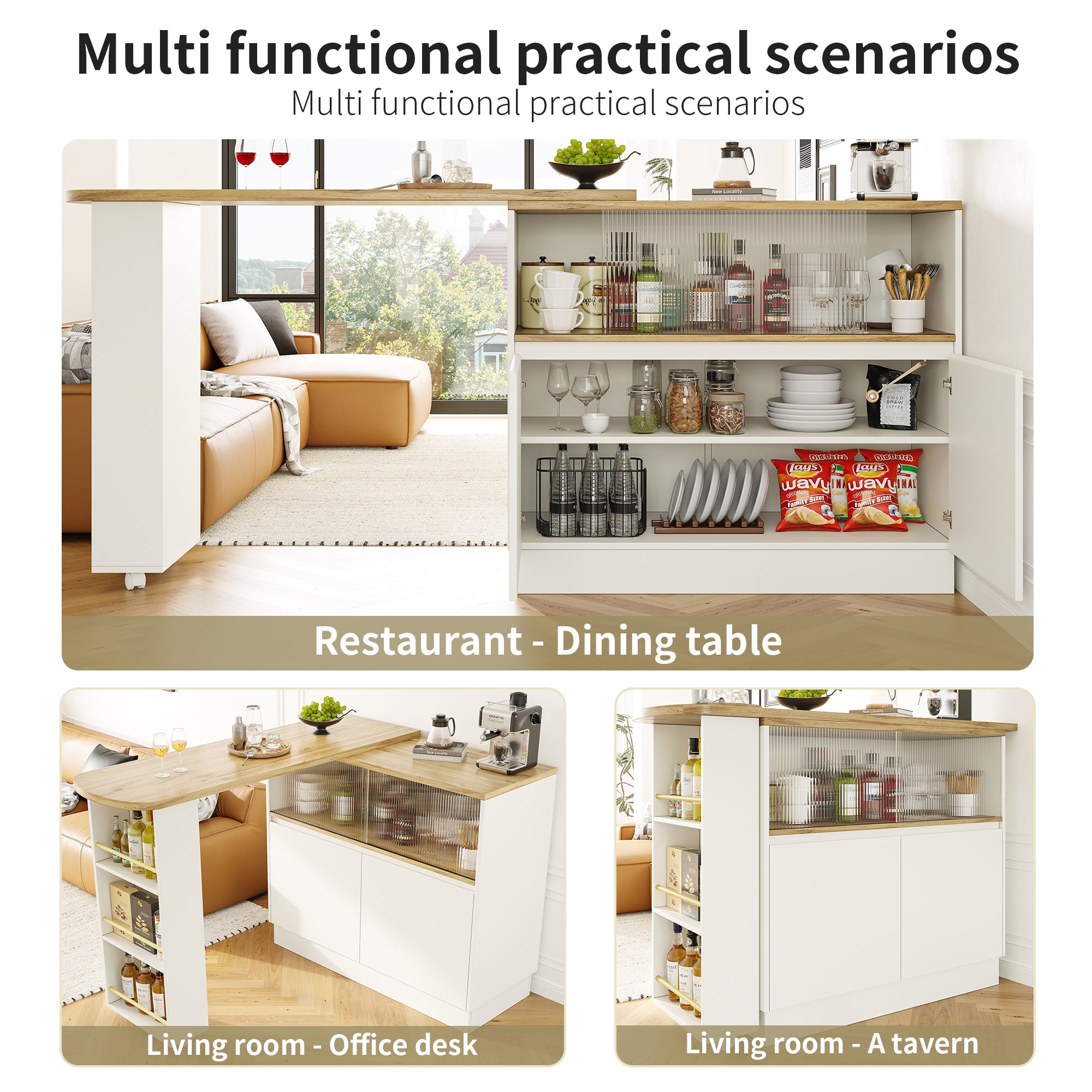 360° swivelling high table (main body 90 x 45 x 100 cm), white multifunctional swivelling sideboard with storage compartment, sliding glass door, suitable for kitchen/dining room