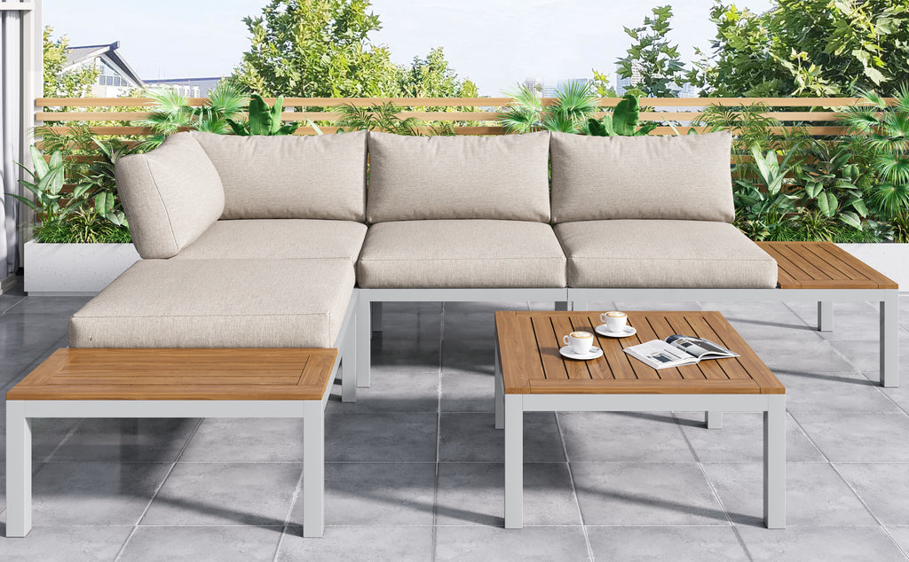 Outdoor Patio&Backyard Furniture Garden Lounge Set for 4 people, Space Saving Thick Quality L-Shaped Corner Sofa with Wooden Table, Beige