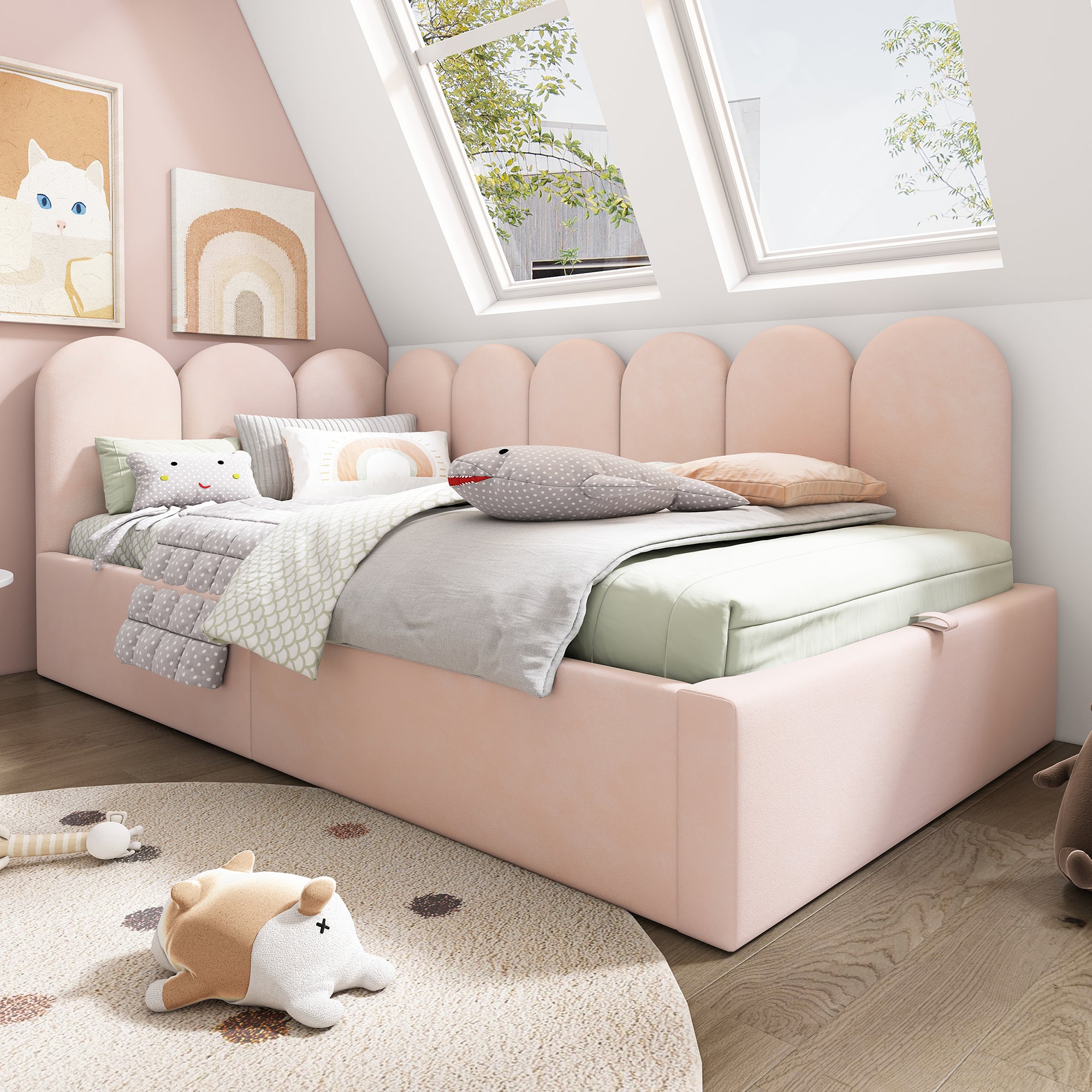 Upholstered Daybed Bed With Storage,Ottoman Bed 3FT Single Sofa Bed 90X190cm, Daybed With Hydraulic Storage Bed Frame, With Metal Slatted Frame, Velvet, Pink (No Mattress)