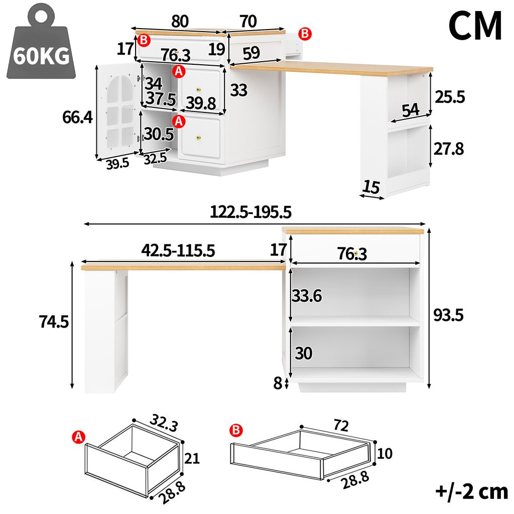 Extendable bar table with storage (122.5-195.5×70×93.5cm), with four drawers and curved glass door, kitchen island with extendable table, LED color light, for 2-6 people, kitchen dining cart with side