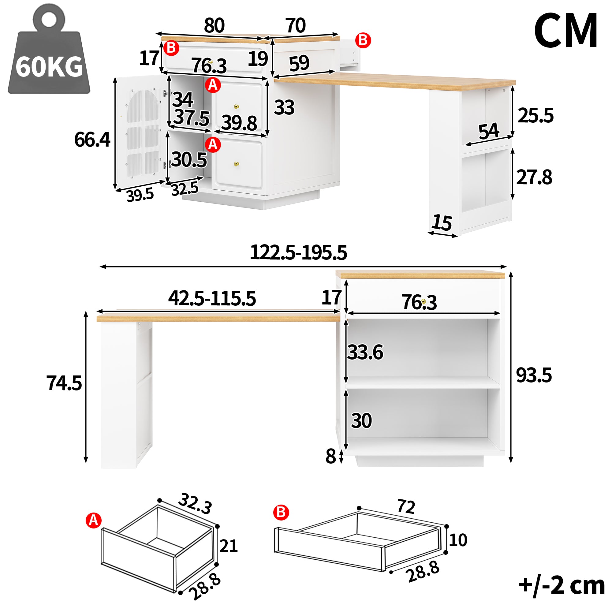 Extendable bar table with storage (122.5-195.5×70×93.5cm), with four drawers and curved glass door, kitchen island with extendable table, LED color light, for 2-6 people, kitchen dining cart with side