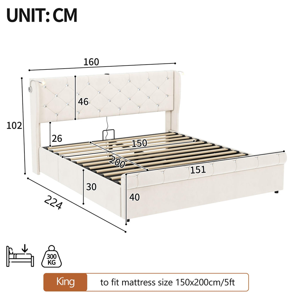 5ft King Upholstered Bed Frame with Hydraulic Storage,  Diamond Tufted Headboard with Charging Station and Reading Light, USB and Type - C Ports, Velvet, Beige (No Mattress)