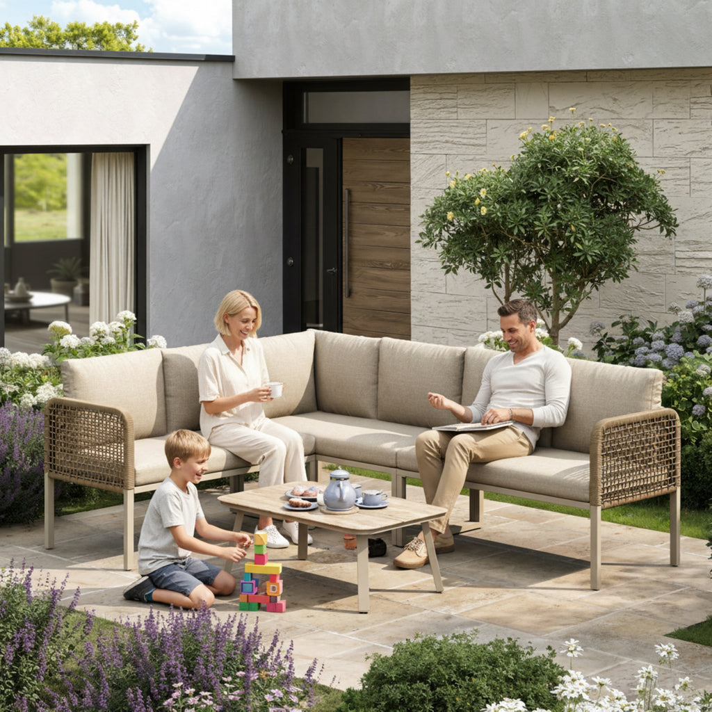 5-6 Seater Garden Furniture Set with Wood-look Tempered Glass Coffee Table, L-Shaped Corner Sofa with Polyester Rope, Weatherproof Outdoor Patio Dining Lounge Set for Balcony and Terrace, Linen, Beige