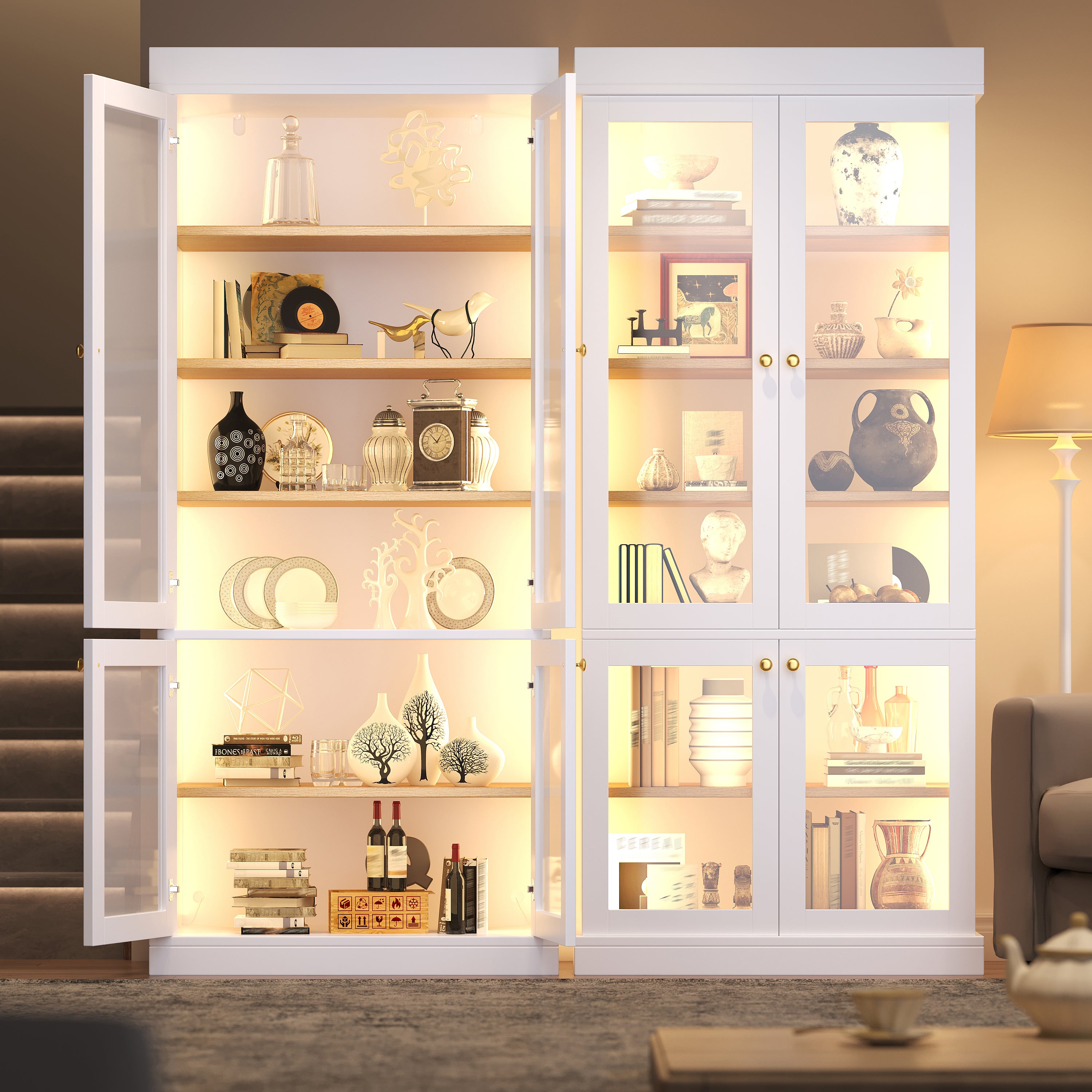Modern freestanding cabinet with integrated LED mood lighting, glass display case, well-designed interior layout and anti-tip protection; stable, safe and versatile for the home; white.