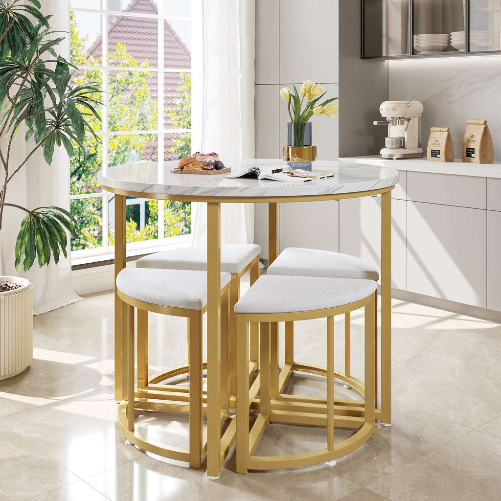 Dining room table set with four chairs, dining group with MDF tabletop and gold-plated iron frame, velvet chair, modern luxury tables and chairs, white