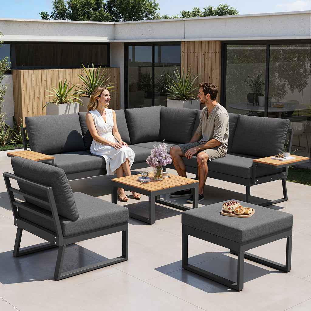 L-Shaped Garden Sofa Set with Wooden Armrests / Weather-Resistant Corner Suite & Daybed Made of Iron / Including Wooden Table, Armchair & Stool, 7-Person / With Cushions / Gray