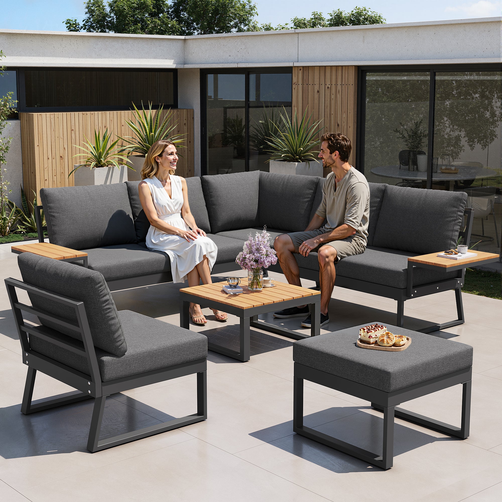 L-Shaped Garden Sofa Set with Wooden Armrests / Weather-Resistant Corner Suite & Daybed Made of Iron / Including Wooden Table, Armchair & Stool, 7-Person / With Cushions / Gray