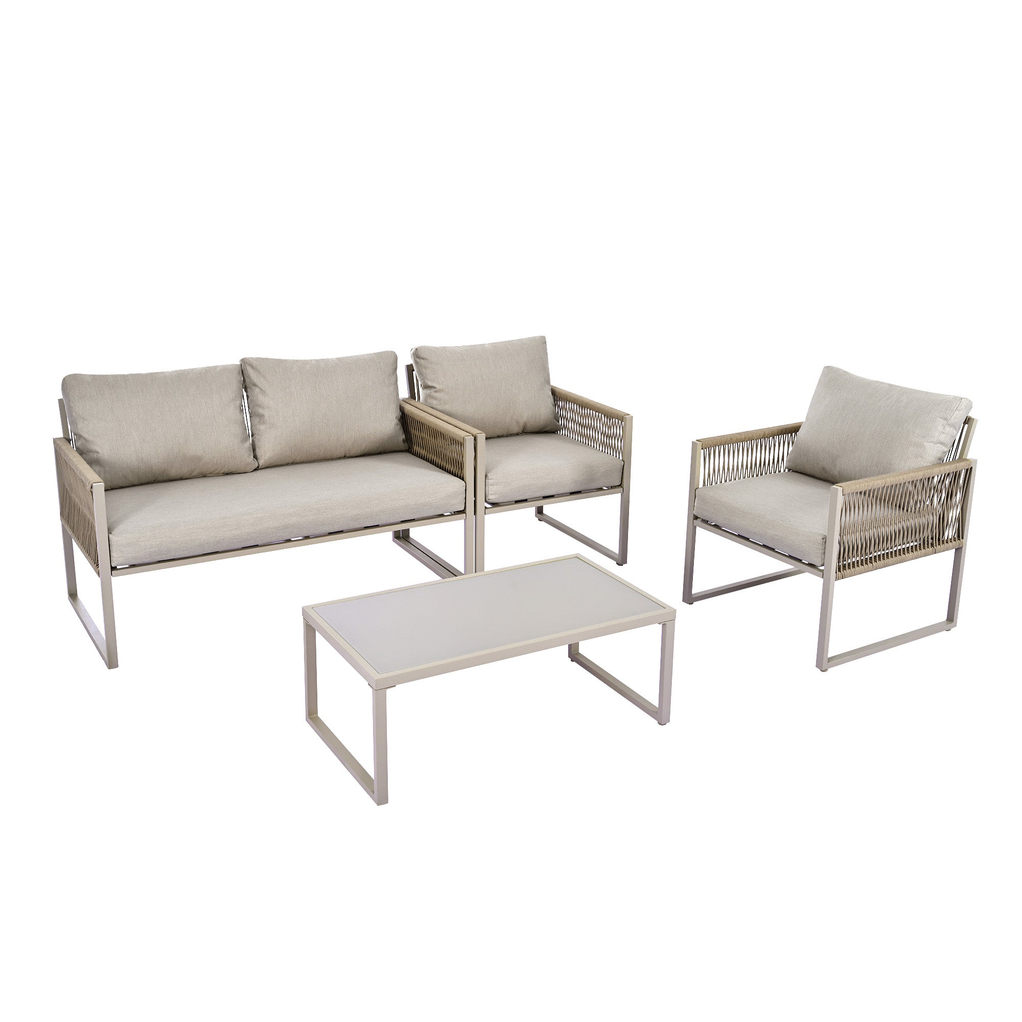 Outdoor Patio&Backyard Furniture Garden Lounge Set for 4 people, Thick Quality Space Saving Sofa with Glass Coffee Table, Khaki