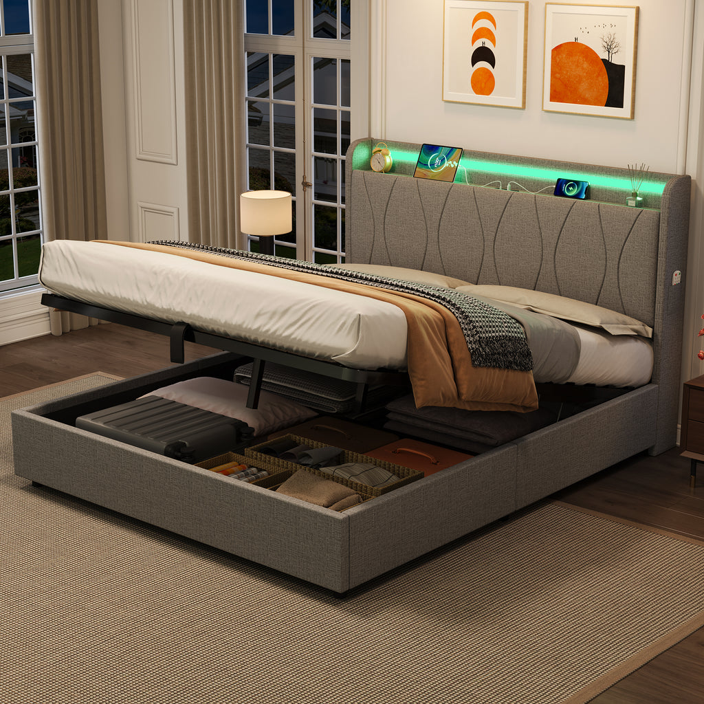 4ft6 Double Upholstered Bed Frame with Hydraulic Storage, LED Headboard with Charging Station and Concealed Headboard Storage, USB and Type - C Ports, Linen, No Box Spring Needed, Grey (No Mattress)