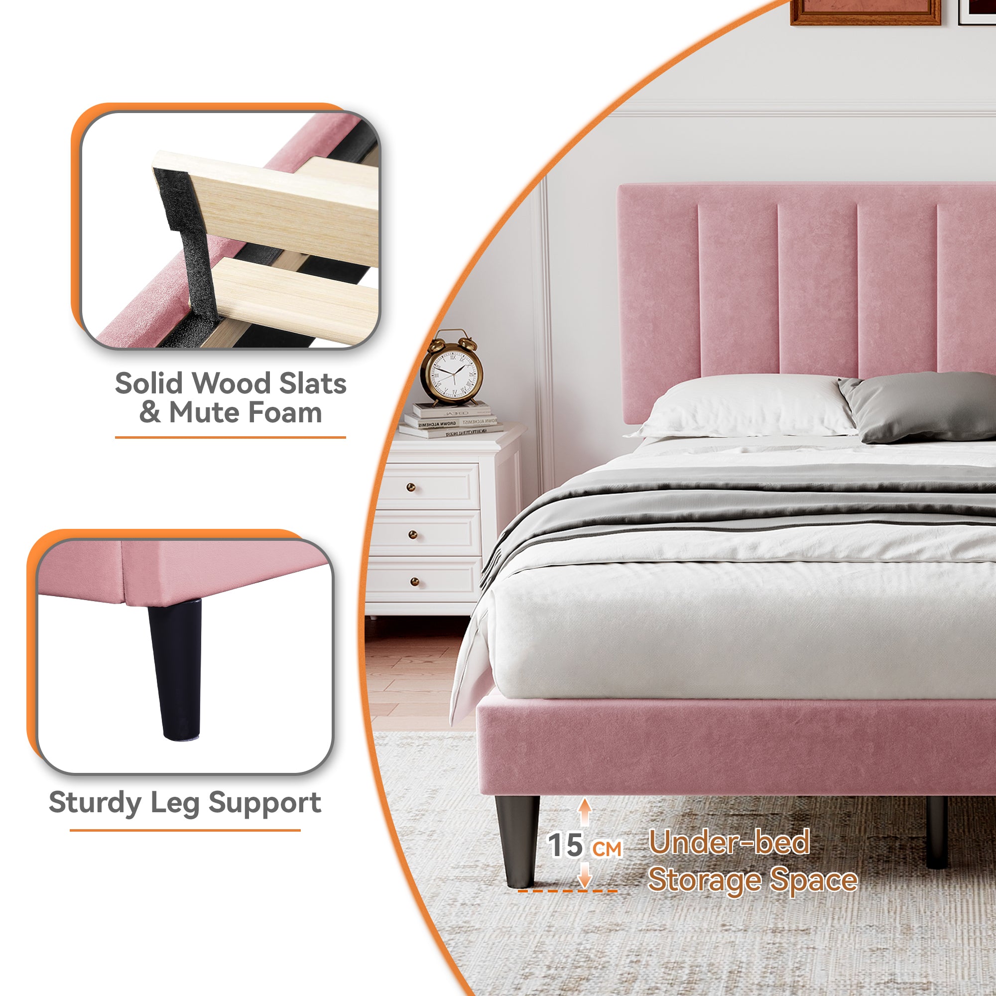 4ft6 Double Upholstered Velvet Bed Frame, with Adjustable Channel Tufted Headboard, Velvet Platform Bed Frame with Solid Wood Slat and Mute Foam, No Box Spring Needed, Easy Assembly, Pink