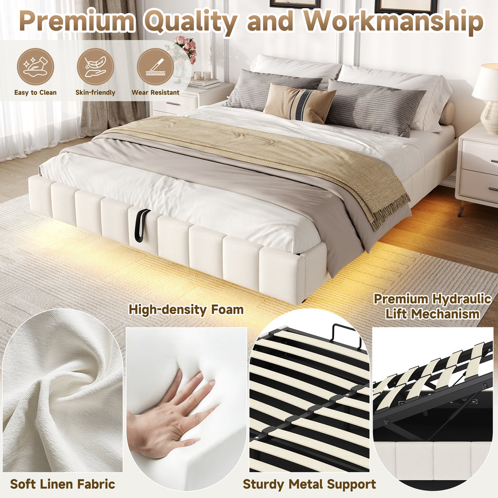 4ft6 Double Floating Bed Frame with Hydraulic Under-bed Storage & Smart RGB LED Lights, No Headboard Upholstered Bed with Concealed Anti-Collision Leg, Linen Fabric, Beige (No Mattress)