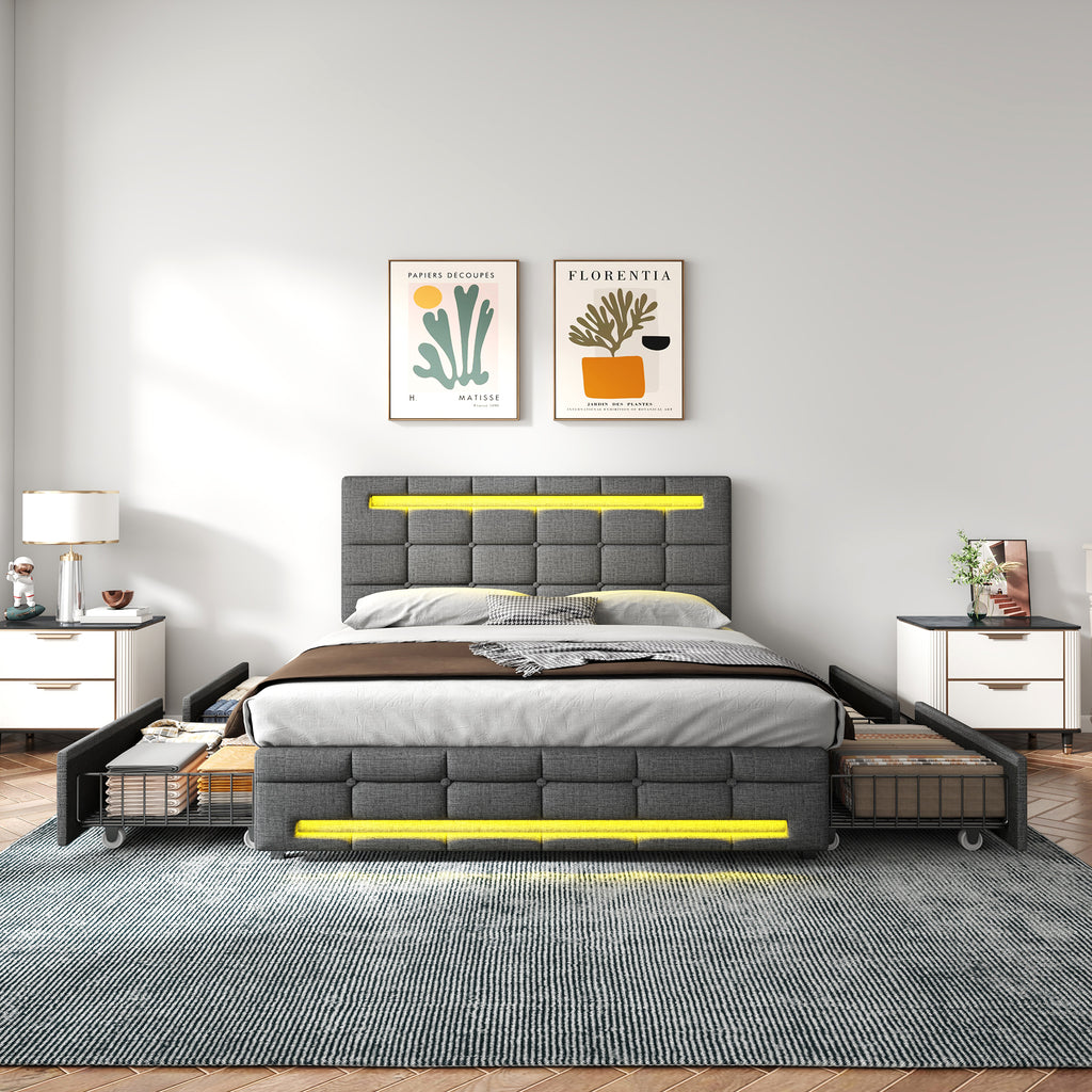 4ft6 Double Upholstered Bed with LED Lighting and Storage Drawers, Linen Fabric Storage Bed Frame with Adjustable Button Tufted Headboard, No Box Spring Needed, Easy Assembly, Grey (No Mattress)