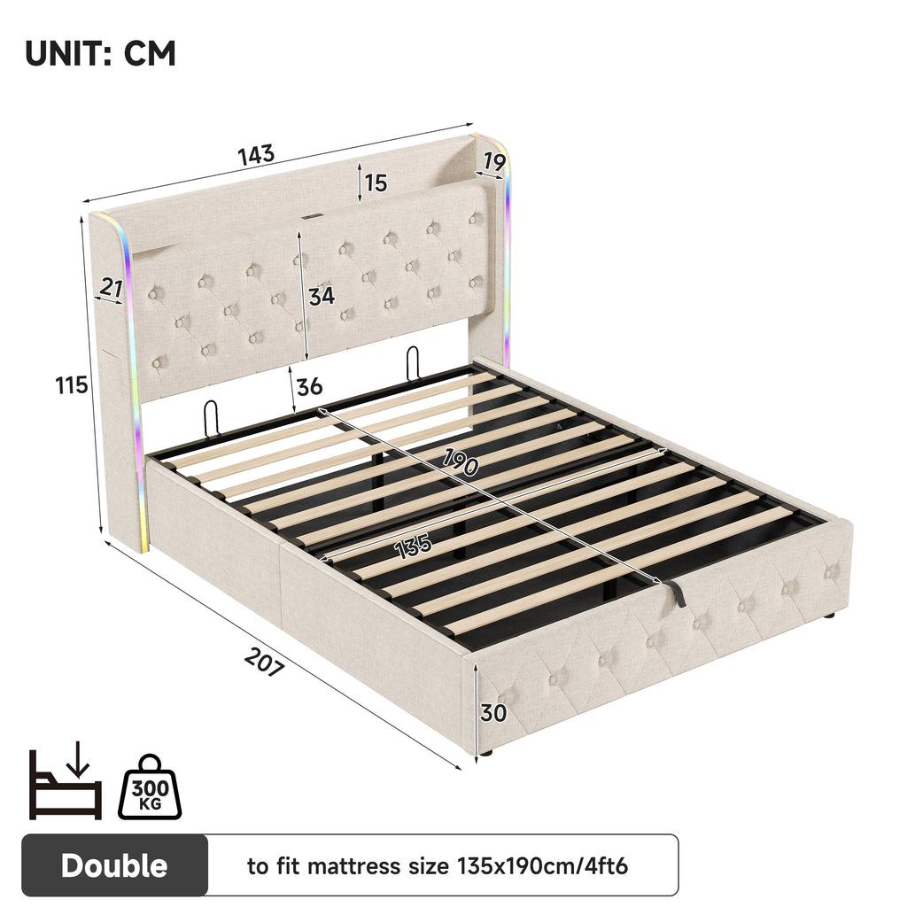 4ft6 Double Upholstered Bed Frame with Hydraulic Storage, LED Headboard with Charging Station and Button-tufted Design, USB and Type-C Ports, Linen, No Box Spring Needed, Beige (No Mattress)
