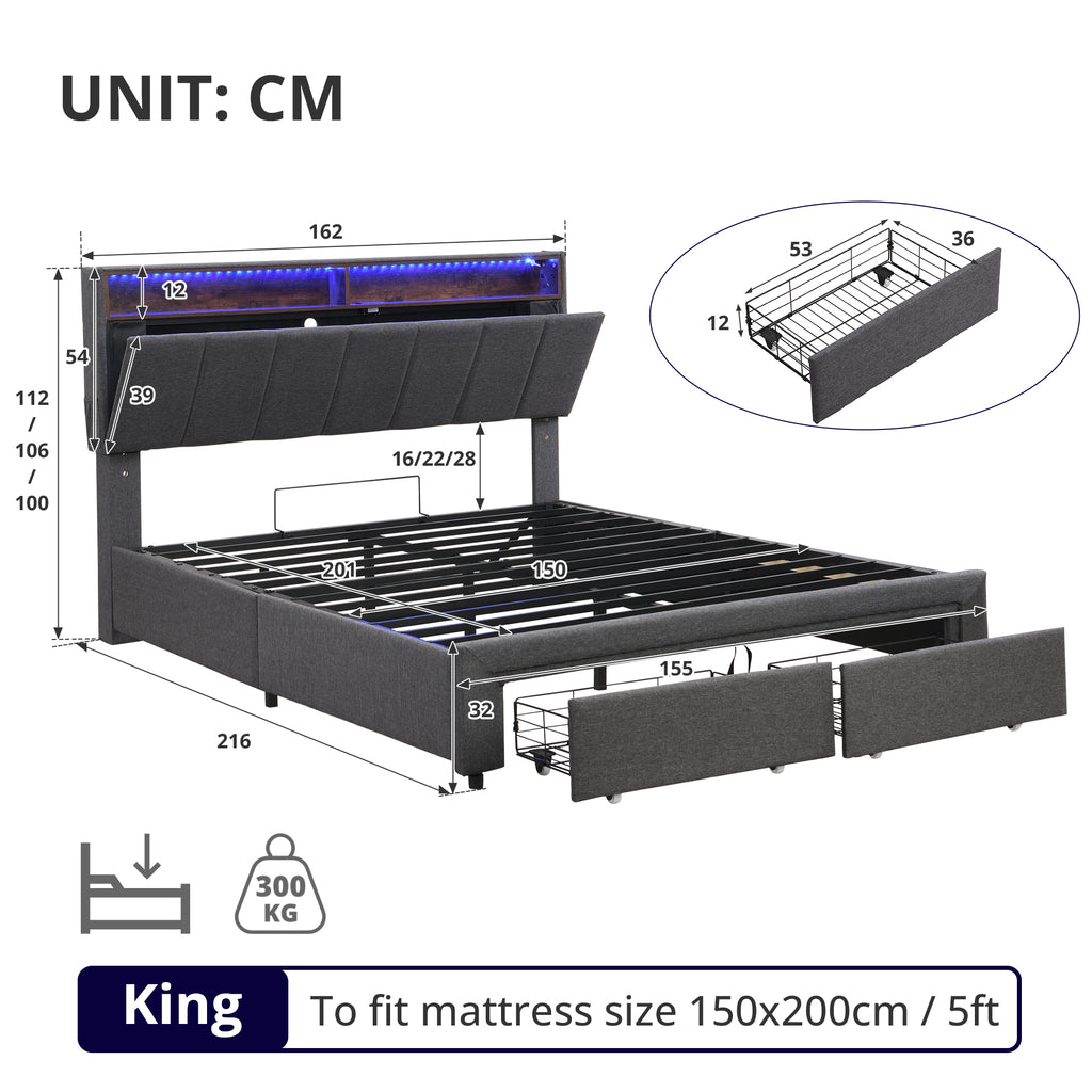 5ft King Upholstered Bed Frame with Hydraulic and Drawers Storage, LED Adjustable Headboard with Charging Station and Concealed Headboard Storage, Linen, No Box Spring Needed, Grey (No Mattress)