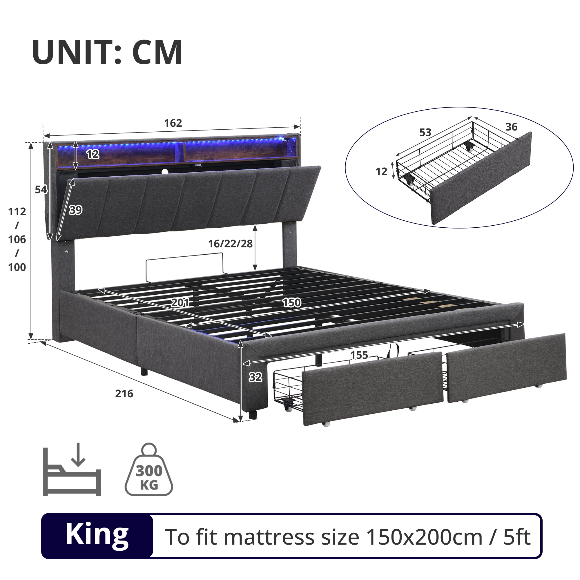 5ft King Upholstered Bed Frame with Hydraulic and Drawers Storage, LED Adjustable Headboard with Charging Station and Concealed Headboard Storage, Linen, No Box Spring Needed, Grey (No Mattress)