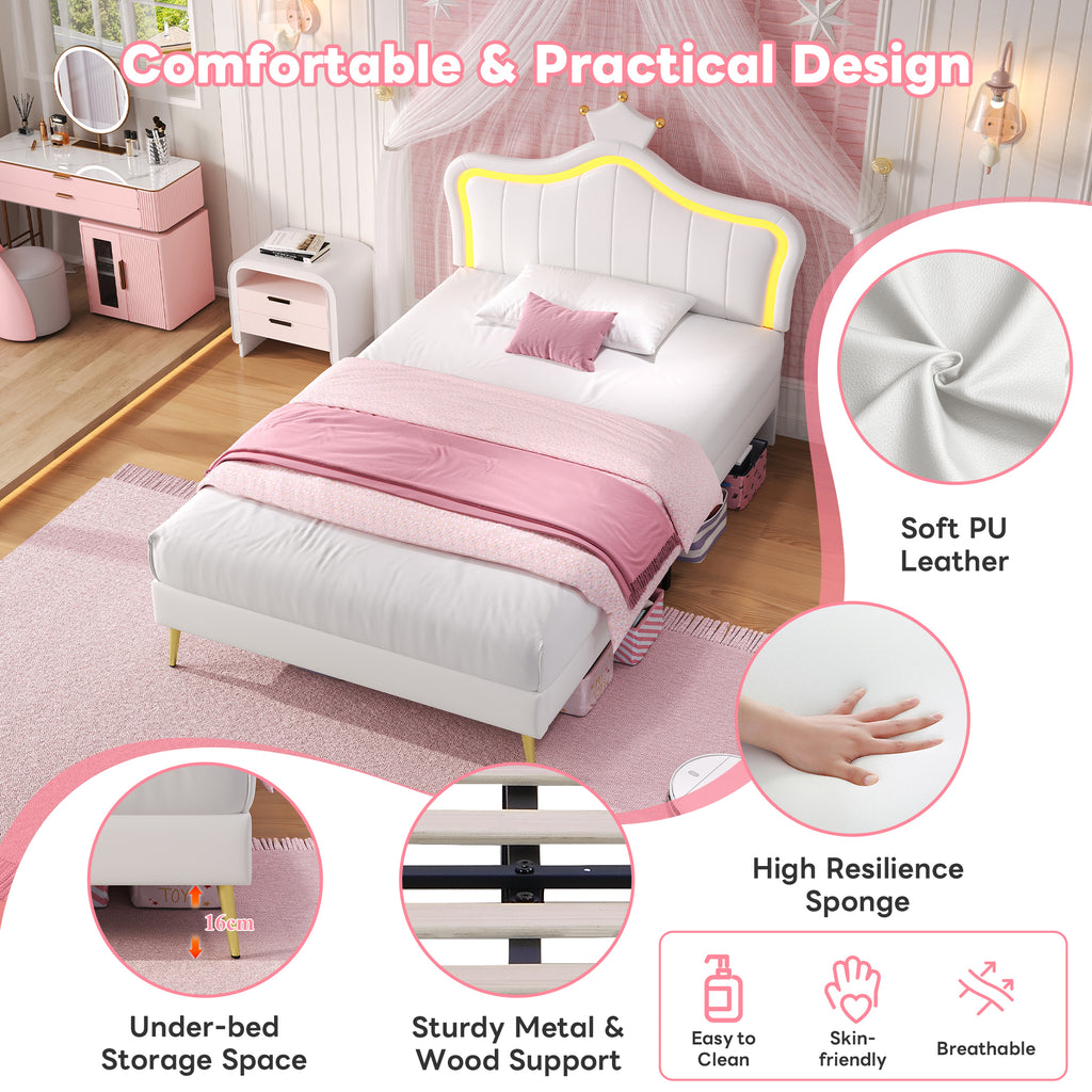 3ft Single Upholstered Bed with LED Adjustable Crown Shape Headboard, PU Leather Bed Frame with Solid Wood Slat, No Box Spring Needed, Easy Assembly, Cream White (No Mattress)