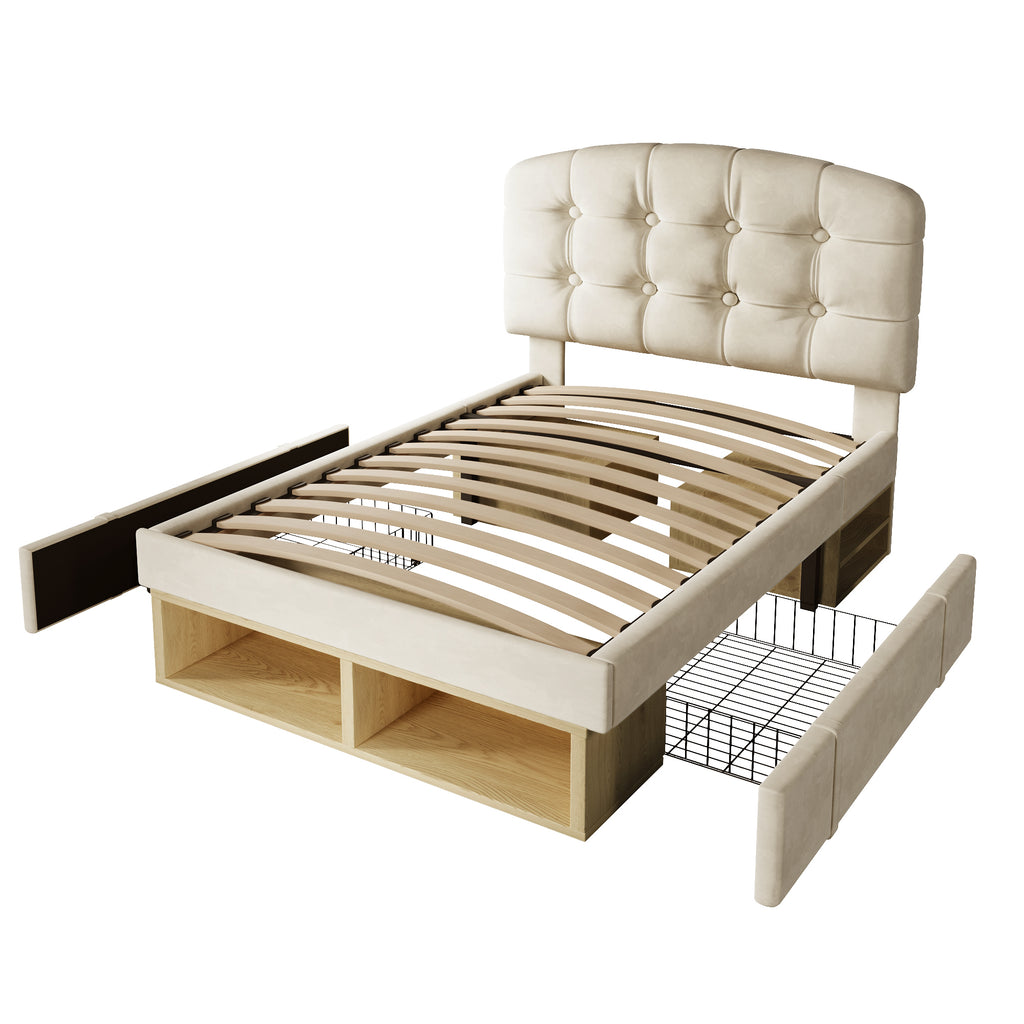 Upholstered Single Bed with Storage Compartments and Drawers, 3ft Single Bed with Adjustable Headboard, 90 x 190 cm, Velvet, Beige (No Mattress)