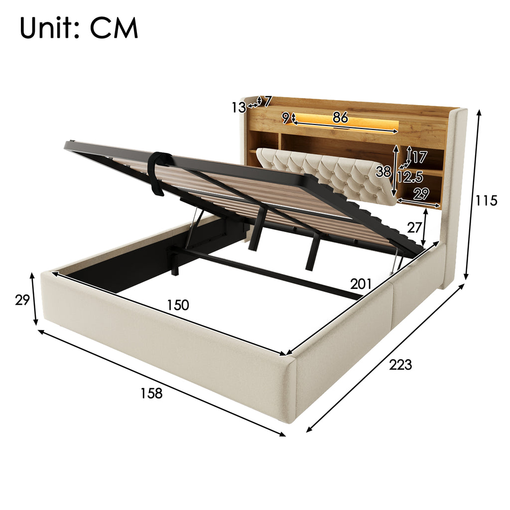 5ft King Bed with Hydraulic Storage, Upholstered Bed Frame with LED Lighting & Charging Station, Storage Headboard for Cellphones & Tablets, 150 x 200 cm, Linen, Beige (No Mattress)