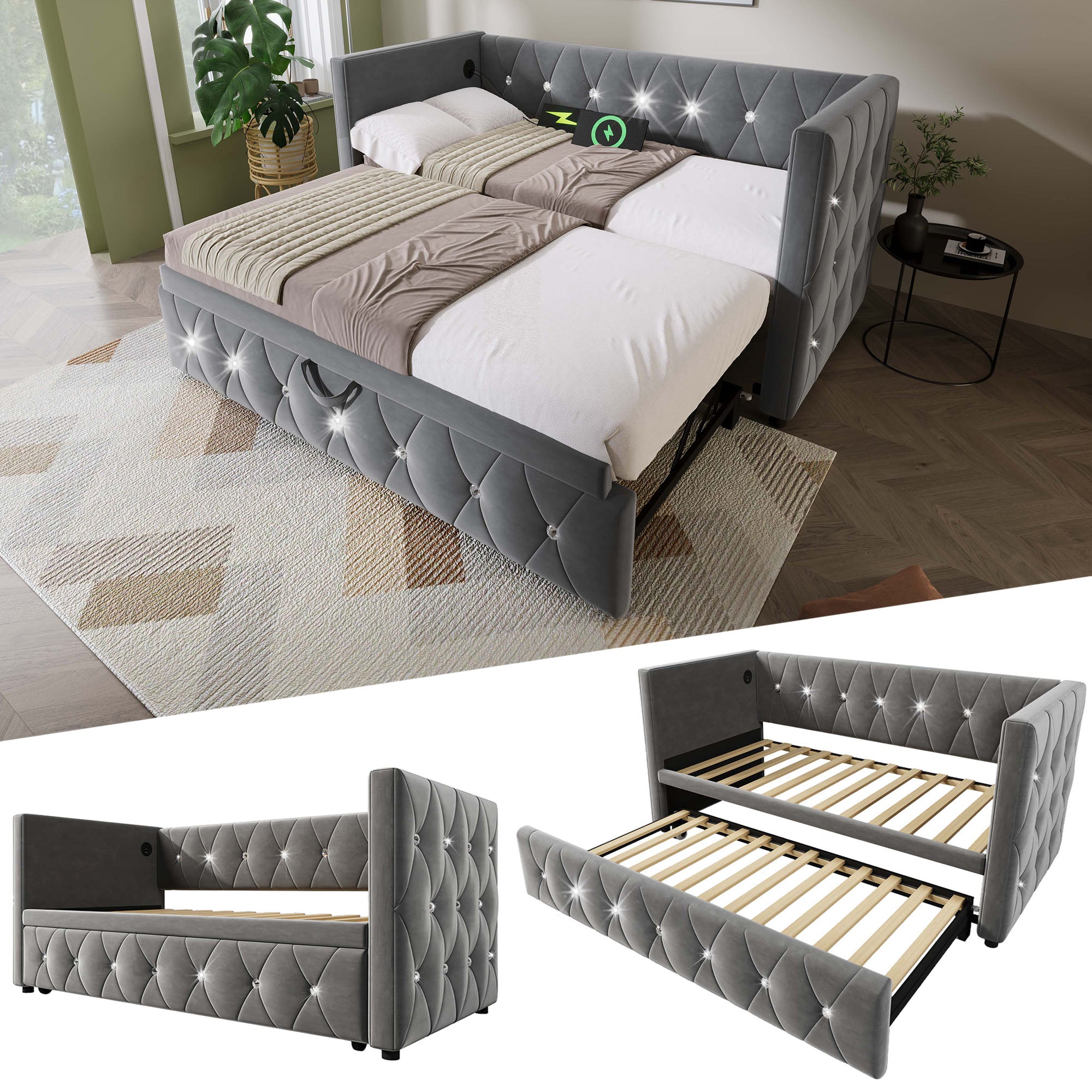 Daybed Single Upholstered Bed Sofa Bed with USB &Type C Charging Station, 3FT Single Bed 90 x 190 cm with Trundle ,Pull out Trundle for Living Room and Bedroom, Velvet ,Grey