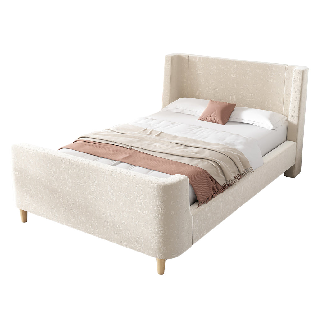 3FT Upholstered Bed, 90 x 190 cm Single Bed with Cosmic Pattern, Sleigh-style Teen Bed, Bed Frame for Boys and Girls, Beige, Velvet (Without Mattress)