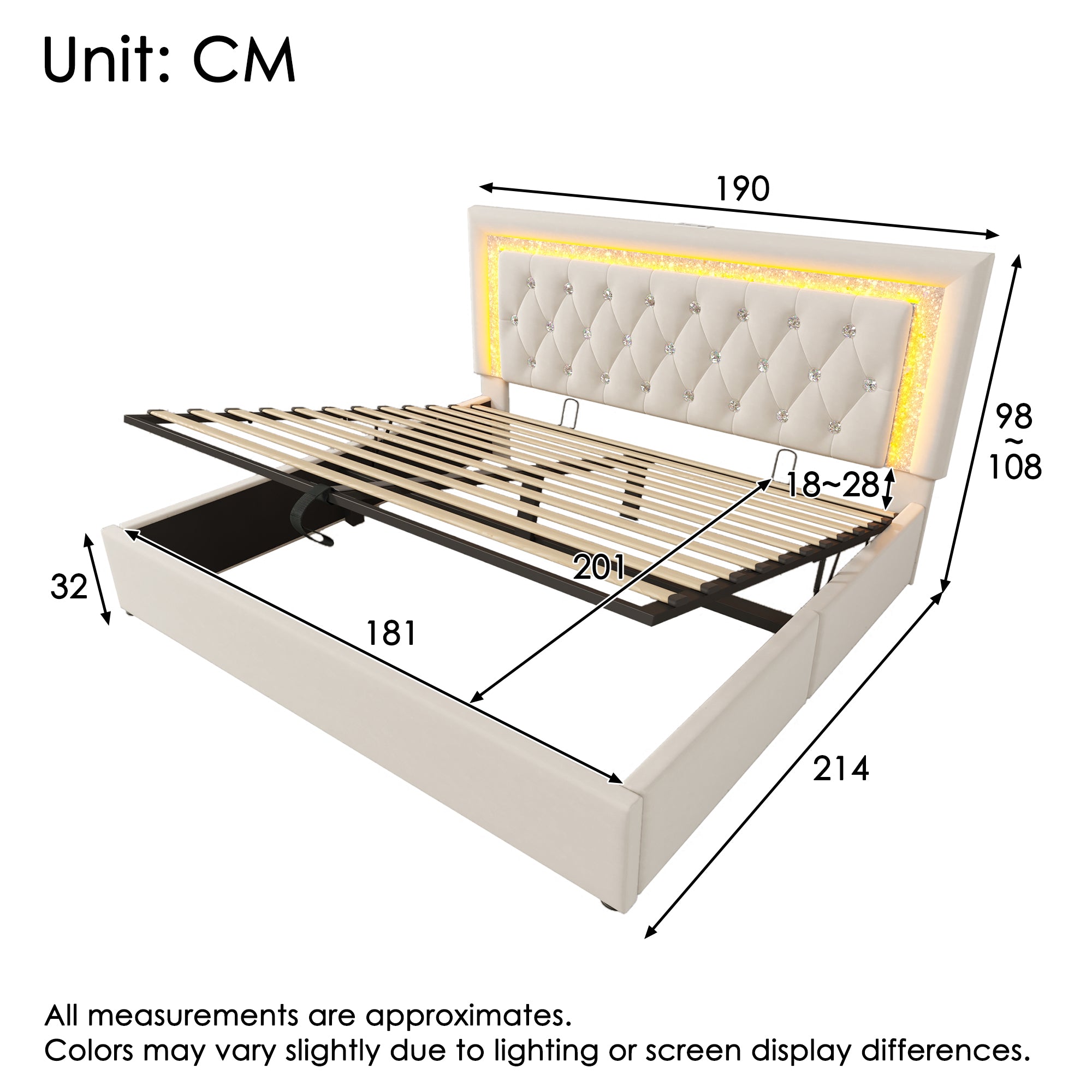 Upholstered Super King Size Bed 180 x 200 cm with LED Lighting, USB Type-C Charging, 6ft Hydraulic Storage Bed with Adjustable Diamond Tufted Headboard, Velvet, Beige (No Mattress)