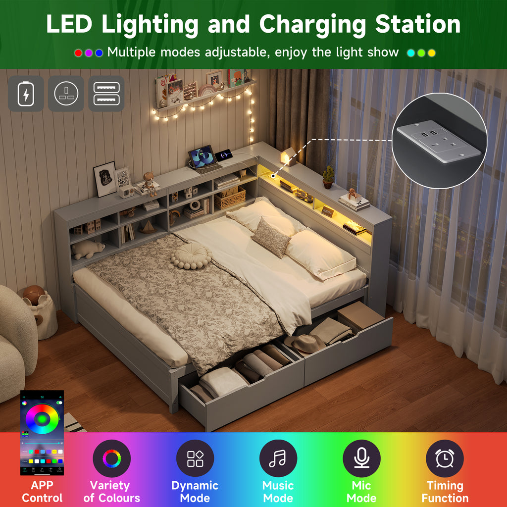 4ft6 Double Daybed with Two Storage Drawers and Beside Storage, LED Modern Bed frame with Charging Station, Wood Bed for Living Room/ Bedroom/ Study Room, 135X190cm, Easy Assembly, Grey (No Mattress)