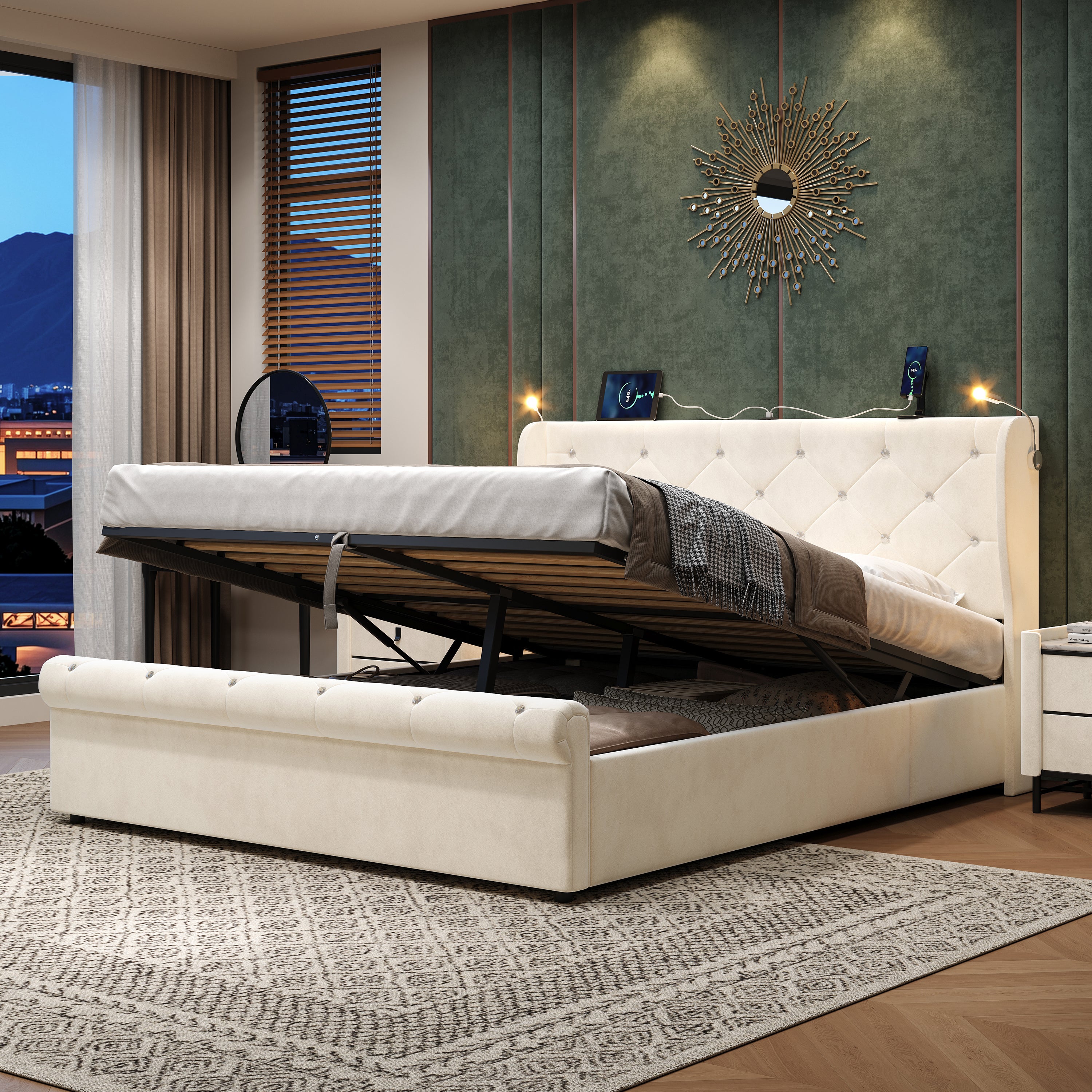 4ft6 Double Upholstered Bed Frame with Hydraulic Storage,  Diamond Tufted Headboard with Charging Station and Reading Light, USB and Type - C Ports, Velvet, Beige (No Mattress)