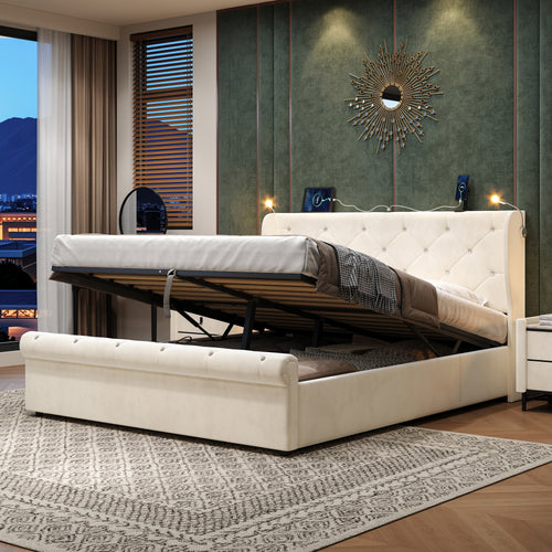 4ft6 Double Upholstered Bed Frame with Hydraulic Storage,  Diamond Tufted Headboard with Charging Station and Reading Light, USB and Type - C Ports, Velvet, Beige (No Mattress)