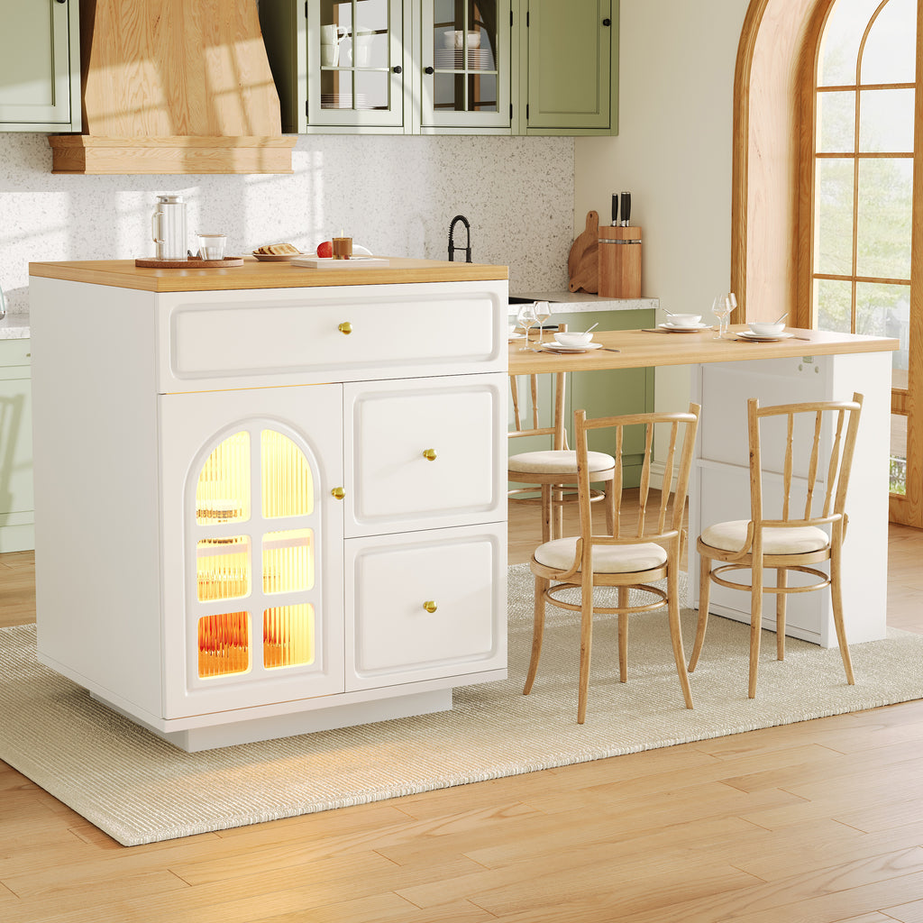 Extendable bar table with storage (122.5-195.5×70×93.5cm), with four drawers and curved glass door, kitchen island with extendable table, LED color light, for 2-6 people, kitchen dining cart with side