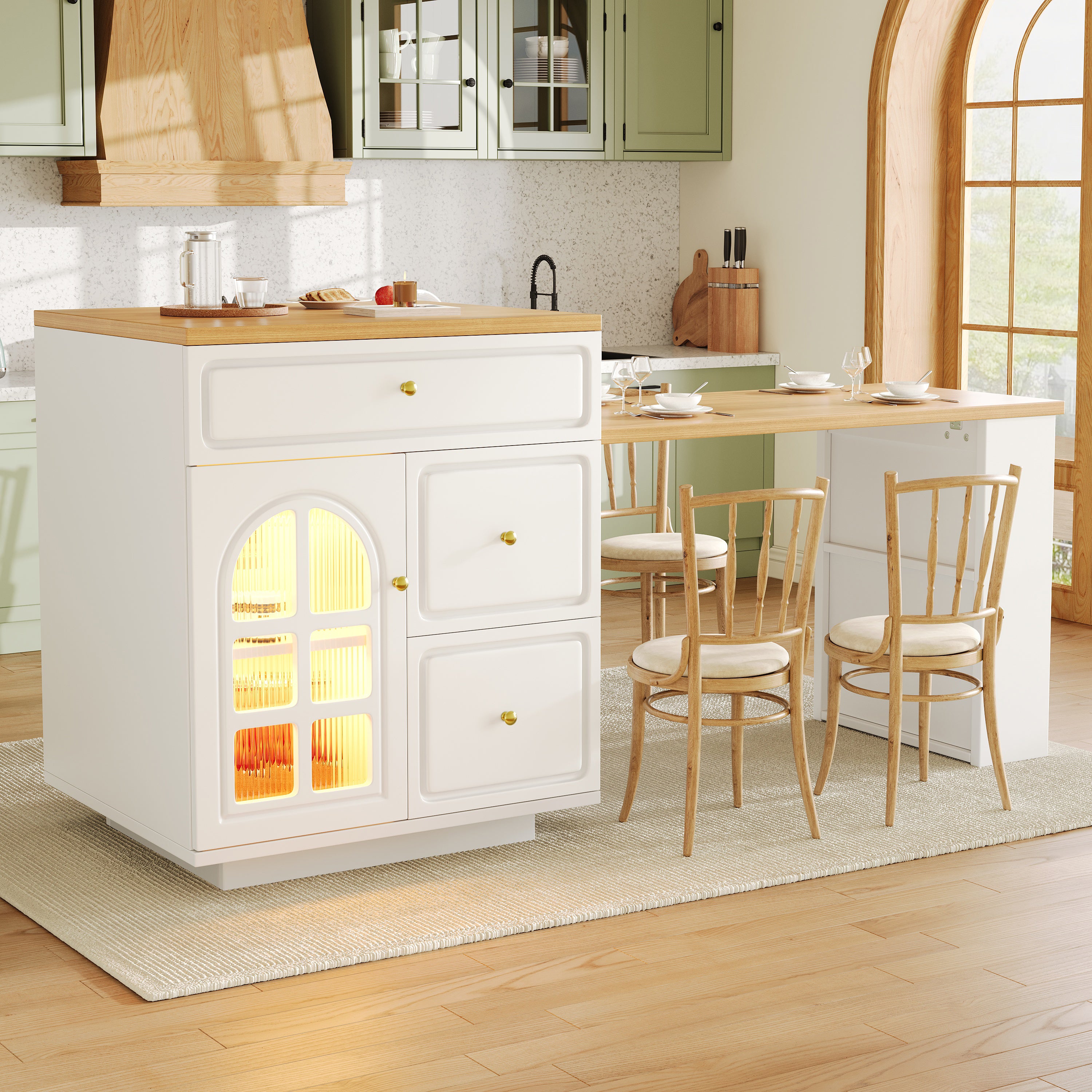 Extendable bar table with storage (122.5-195.5×70×93.5cm), with four drawers and curved glass door, kitchen island with extendable table, LED color light, for 2-6 people, kitchen dining cart with side