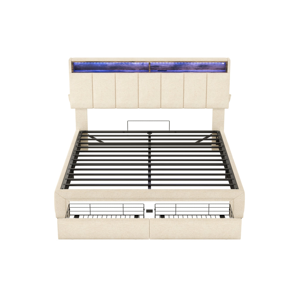 Beige Linen LED Upholstered Storage Bed with charging Station parcel 3