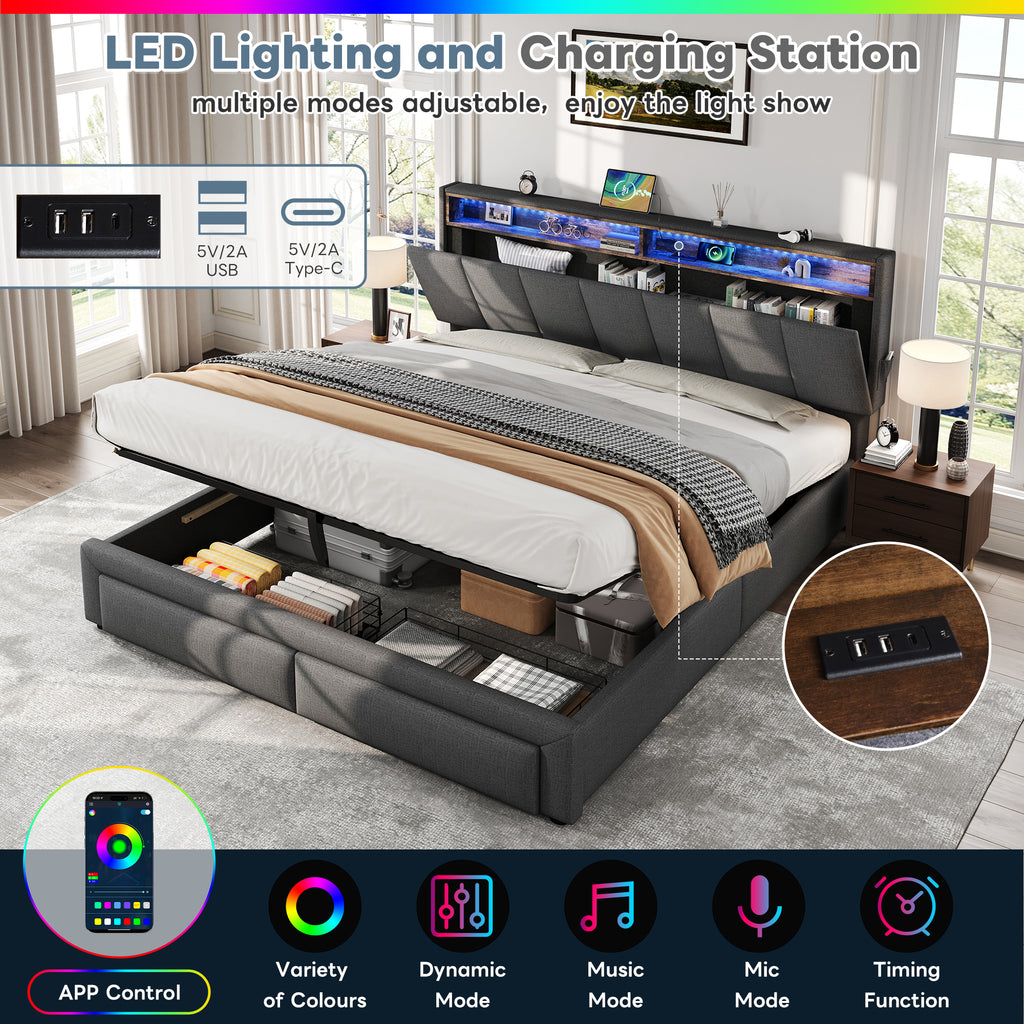 5ft King Upholstered Bed Frame with Hydraulic and Drawers Storage, LED Adjustable Headboard with Charging Station and Concealed Headboard Storage, Linen, No Box Spring Needed, Grey (No Mattress)