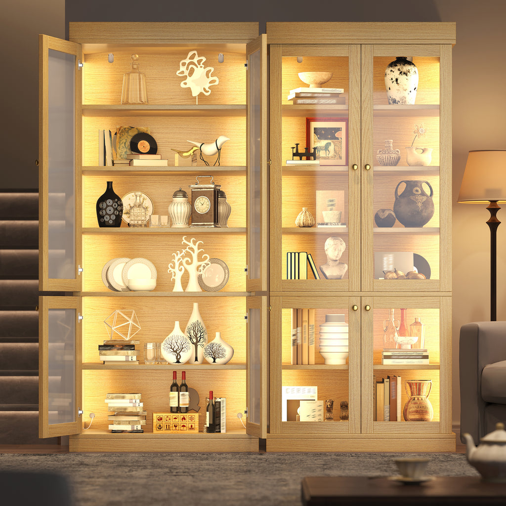 Modern freestanding cabinet with integrated LED mood lighting, glass display case, well-designed interior layout and anti-tip protection; stable, safe and versatile for the home; natural brown.