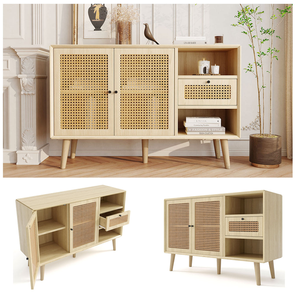 Modern simple sideboard 120*40*80cm, light-colored wooden woven door design, with drawers and unique legs, creating a warm and comfortable home atmosphere