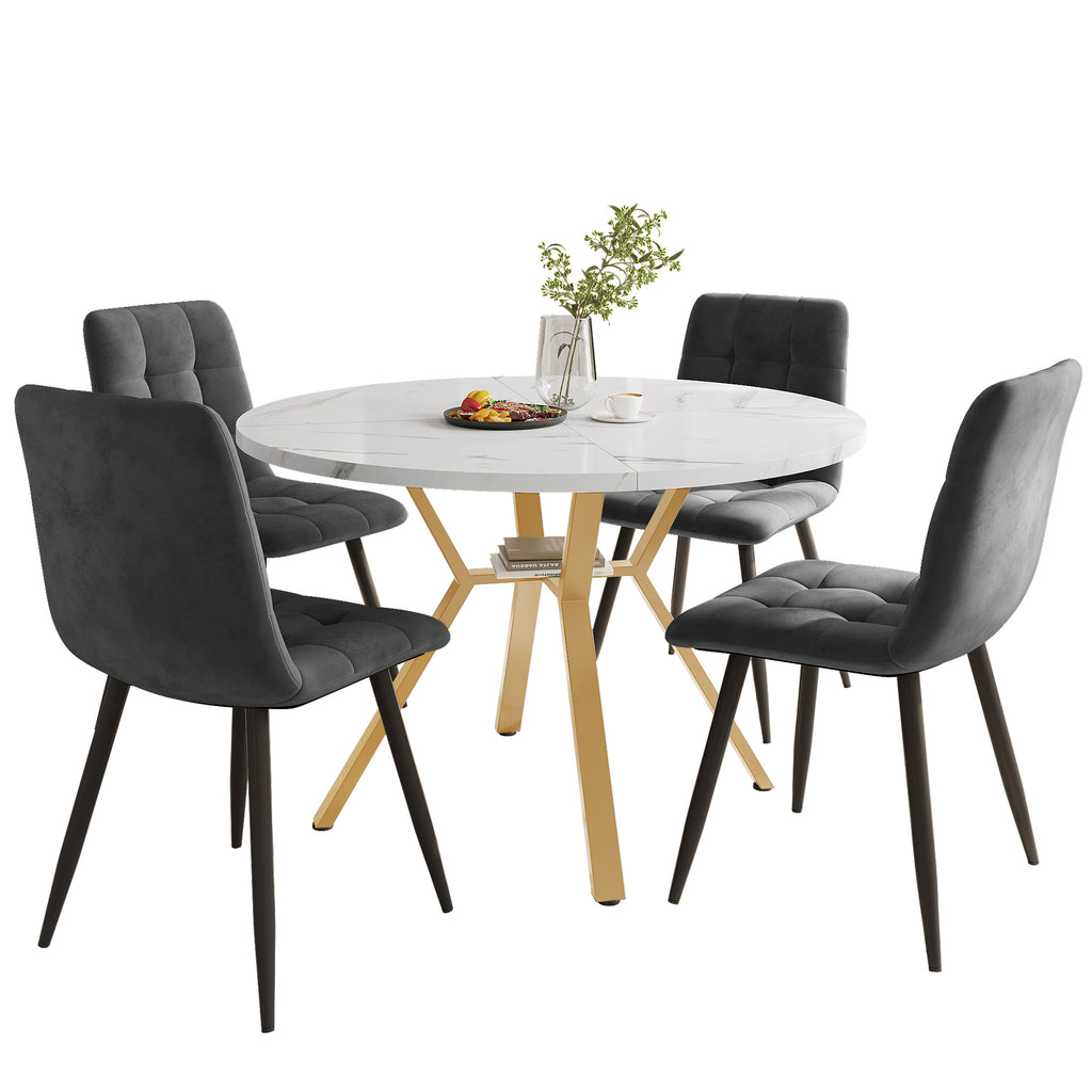 Dining table set, dining table and chair set (5-piece), modern, simple round marble dining table and chair set, gold-coloured metal table legs + 4 ergonomic velvet chairs, gray dining chairs
