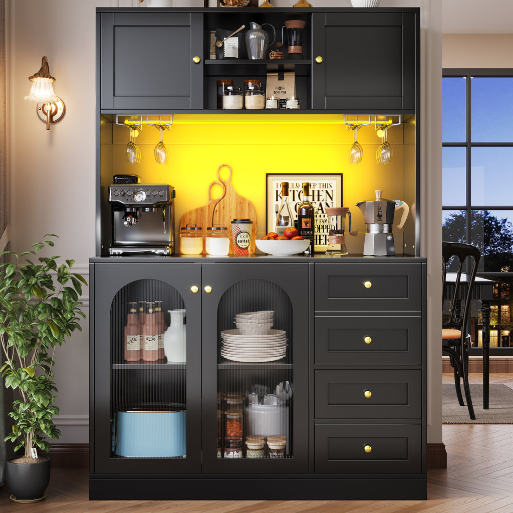 Sideboard / Storage Cabinet / Kitchen Cabinet / Buffet Cabinet, 120x40x188cm, Farmhouse Style, 4 Doors, with LED Light Strip & Drink Holders, Black/White (Fluted Glass Doors)