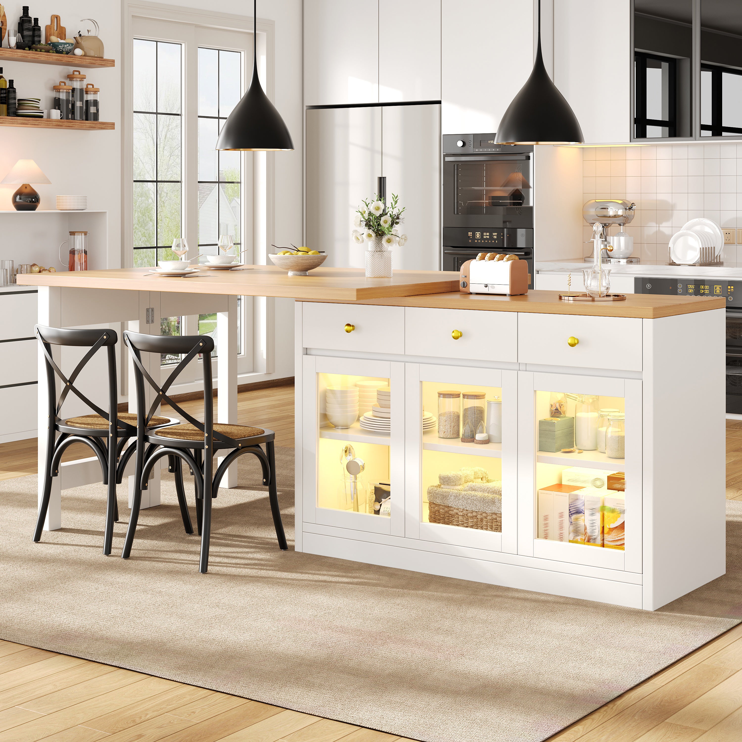 Extendable Kitchen Island with LED Lights, 120-200cm Adjustable Dining Table with Storage, 3 Drawers & Glass Cabinets, White/Black