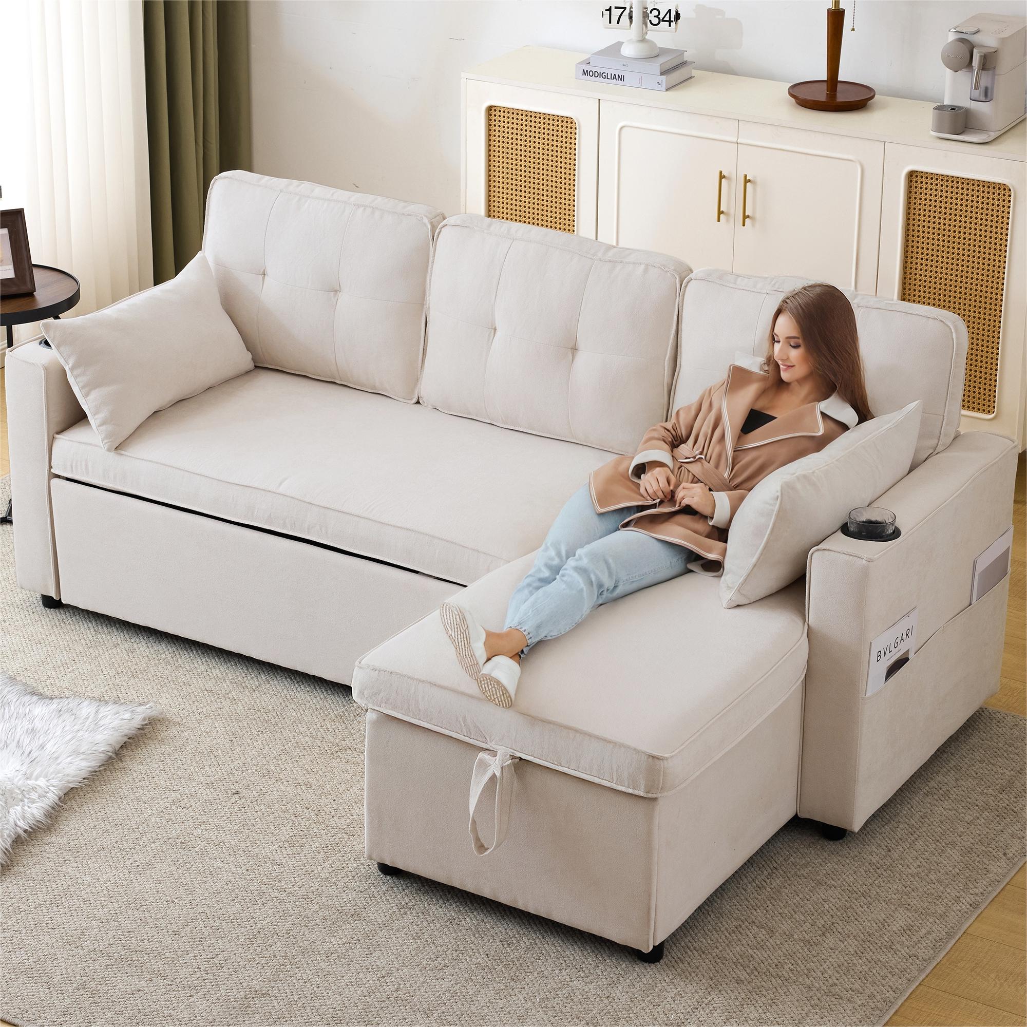 3-in-1 Convertible Sofa Bed with Internal Storage Chaise, L Shaped Sleeper Sofa Couches with Cup Holders, Pillows and Storage Pocket. Pullout Sectional Daybed for Living Room/Bedroom/Office, Beige