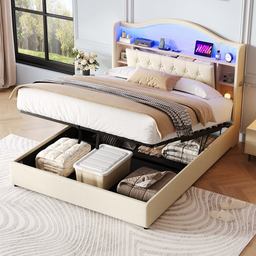 4ft6 Double Upholstered Bed Frame with Hydraulic Storage, LED Curved Button Tufted Headboard with Charging Station and Concealed Headboard Storage, USB and Type - C Ports, Linen, Beige (No Mattress)