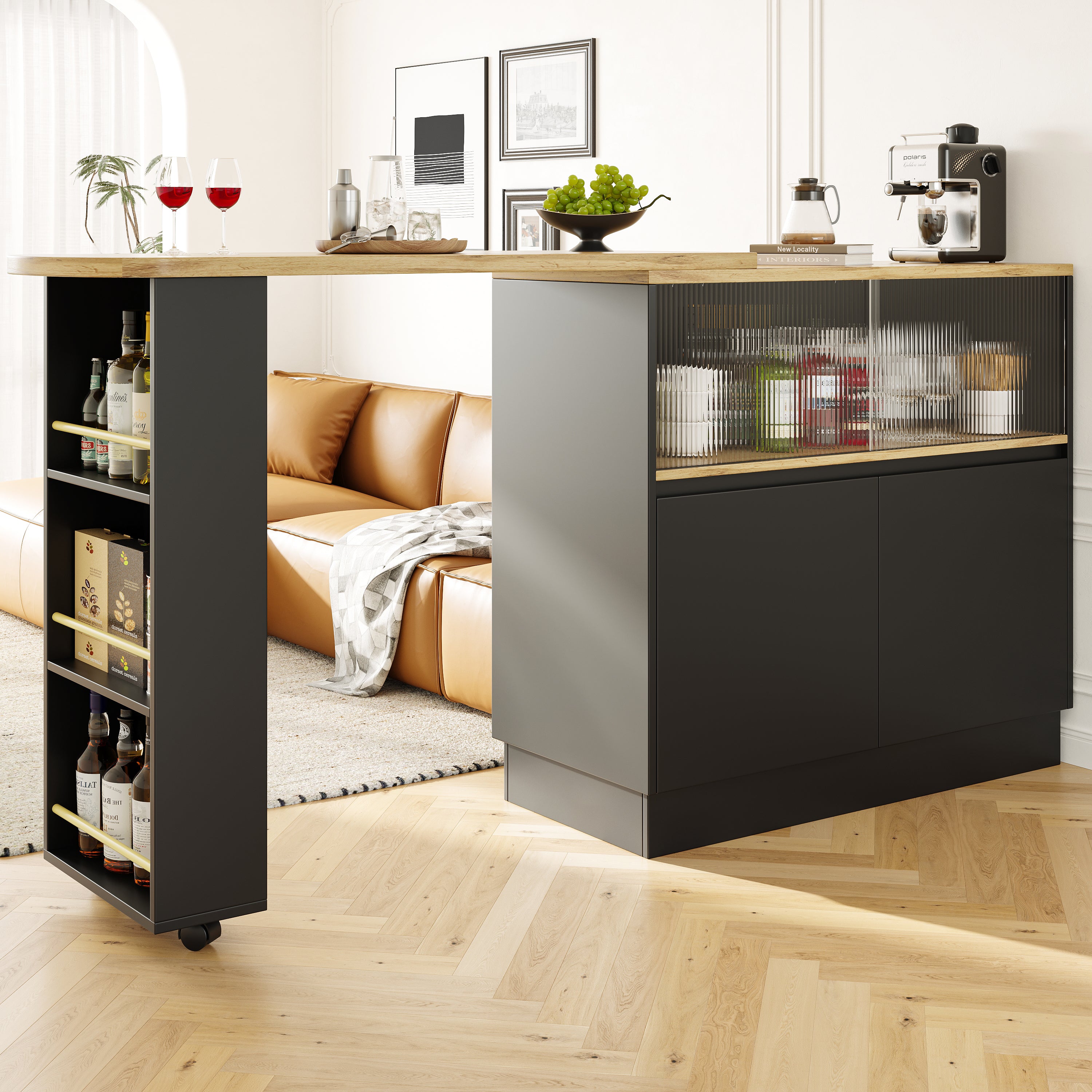 360° swivelling dining bar (main body 90 x 45 x 100 cm), black, modern, simple, multifunctional, swivelling sideboard with shelves and glass, suitable for kitchens and restaurants