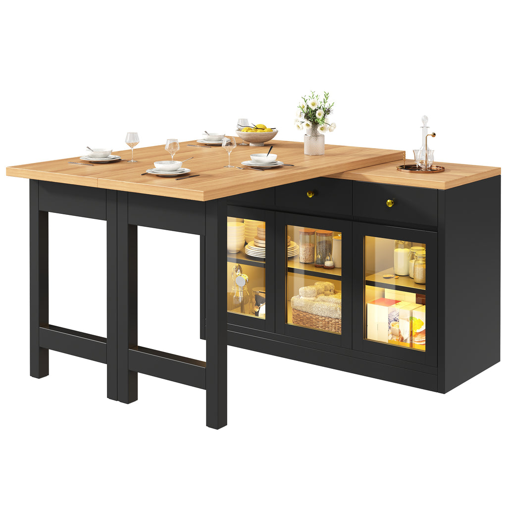 Extendable Kitchen Island with LED Lights, 120-200cm Adjustable Dining Table with Storage, 3 Drawers & Glass Cabinets, White/Black