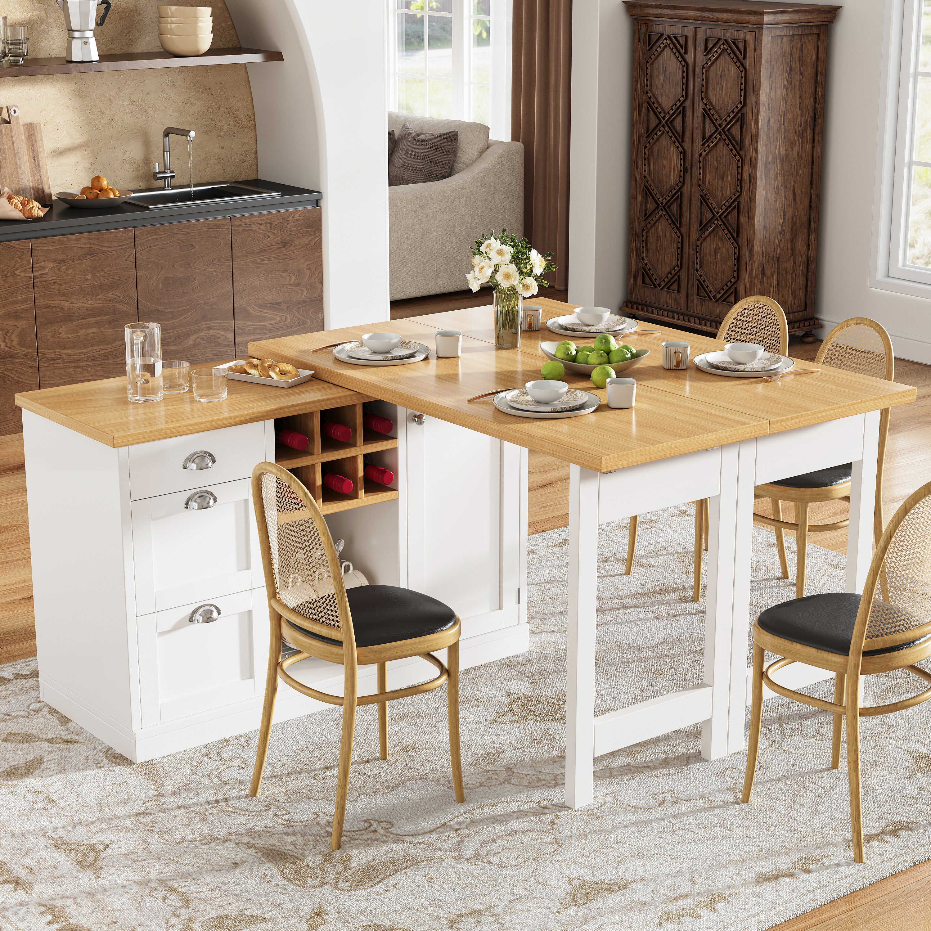 Extendable Sideboard & Dining Table Combo, 3 Drawers & Snack rack & Wine rack, Space-Saving Sideboard for Small Flats, White/Black