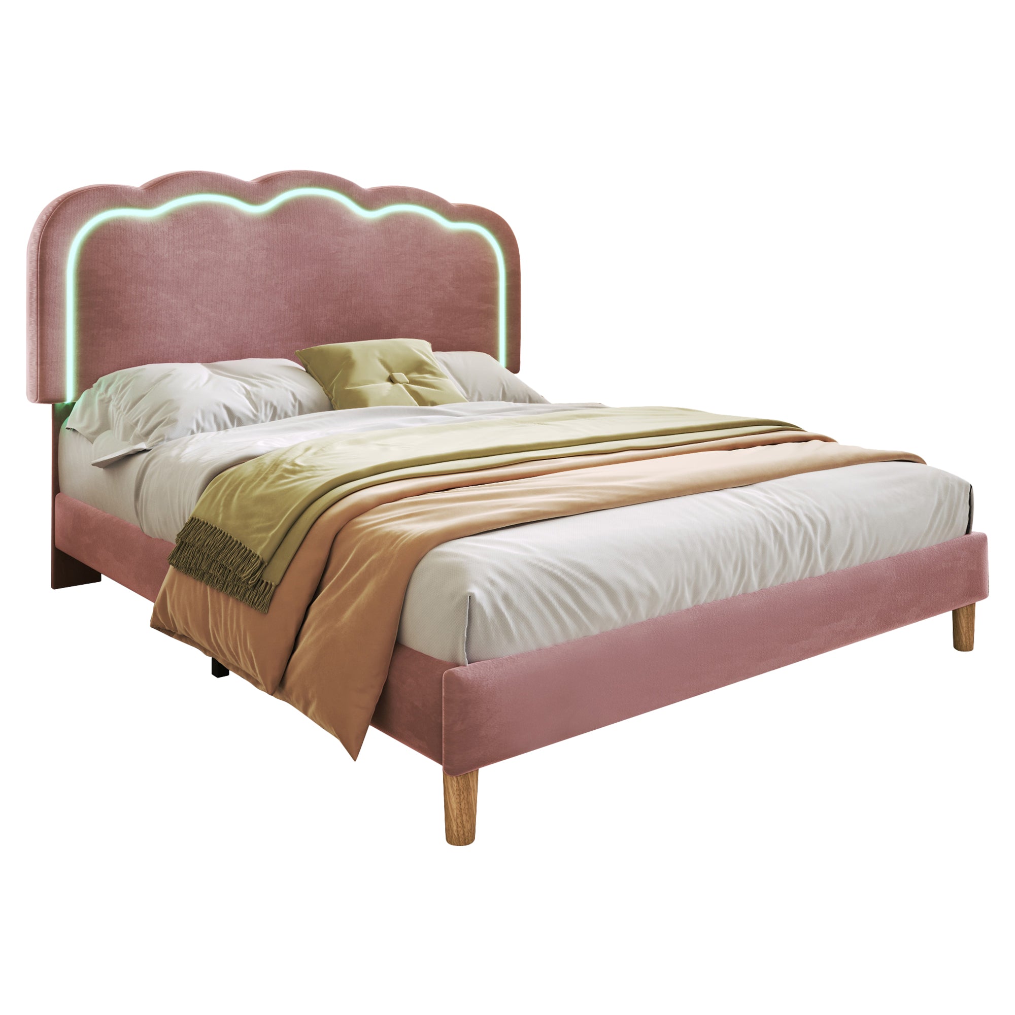 Upholstered Bed, 3ft 90x190cm Single Bed with LED, Bed Frame with Wooden Slats and Adjustable Height Headboard, Teen Bed for Bedroom and Guest Room, Pink, Velvet Material, Without Mattress.