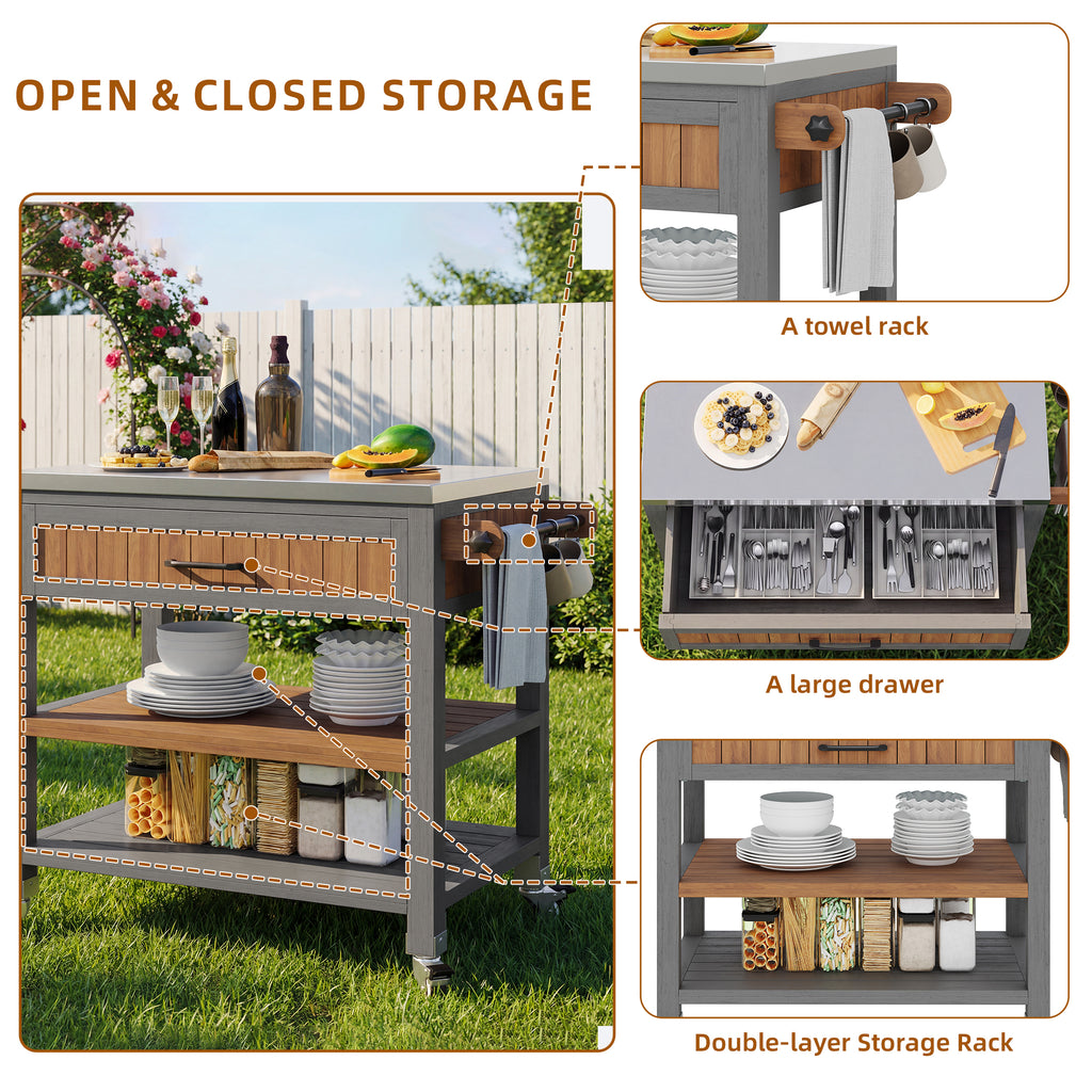 Garden cabinet with wheels and stainless steel worktop – Mobile tool cabinet with drawer and shelf, weatherproof sideboard with double shelf and towel rack, barbecue station for patio